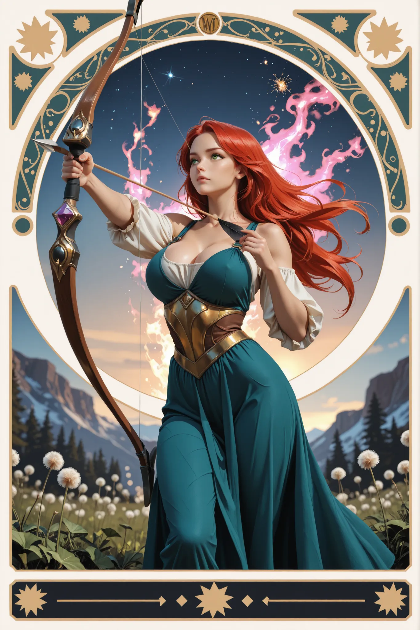 anime artstyle,Masterpiece,Best Quality, 
exterior: female  archer who draws a bow and shoots arrows, About 20 years old , (aiming a long bow at up :1.5), Carrying a quiver on her back,pure face,
Beautiful green eyes that feel strong will ,
Height: 180cm, ...
