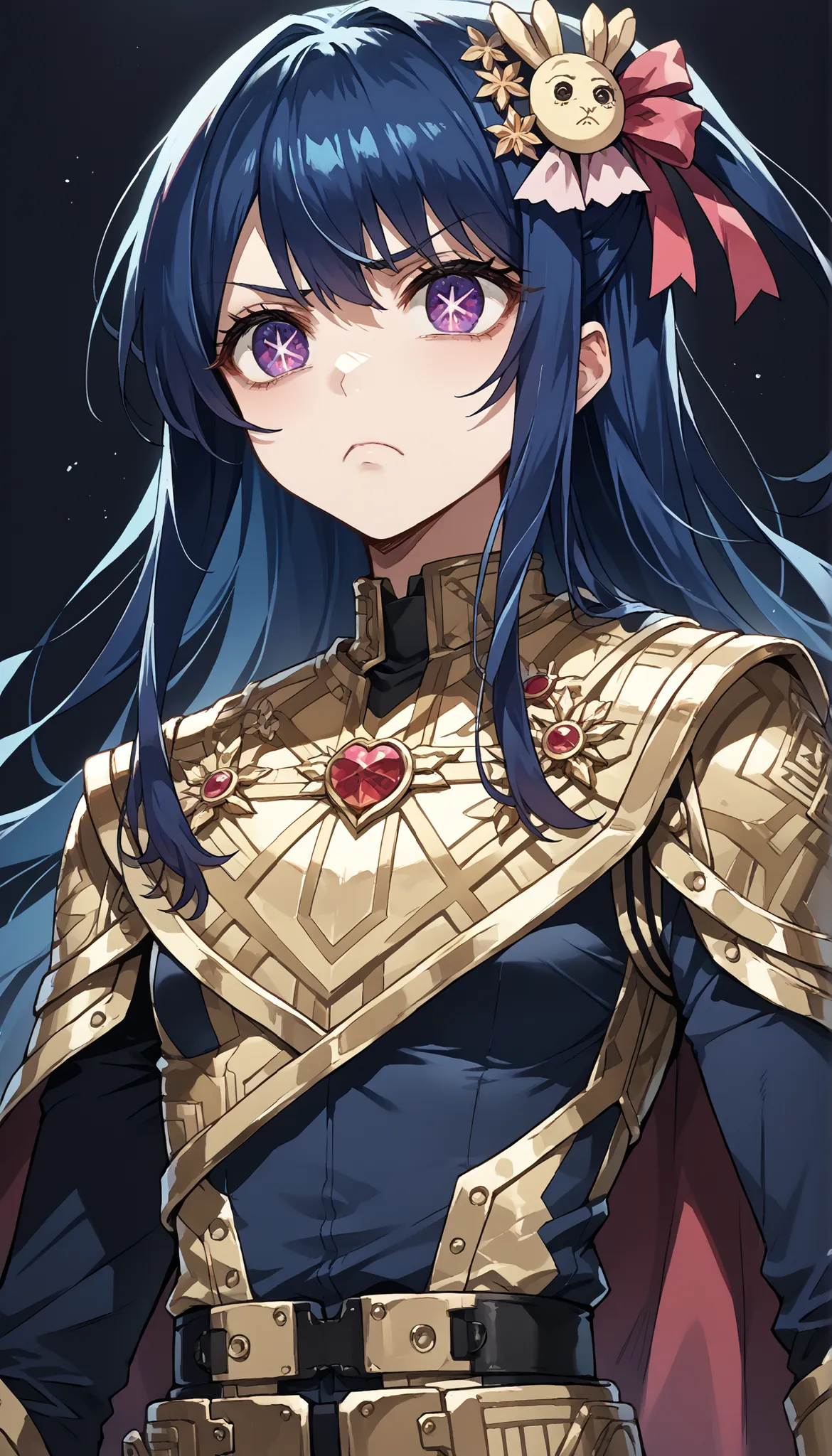 score_9, score_8_up, score_7_up,source_anime,BREAK, solo 1
hoshino_ai_oshi_no_ko, with blue hair
dressed in a body uniform and cape. metallic silver, with deep reds, blacks, or gold accents embodied mean sly evil bored deadpan blank straight-faced
expr...