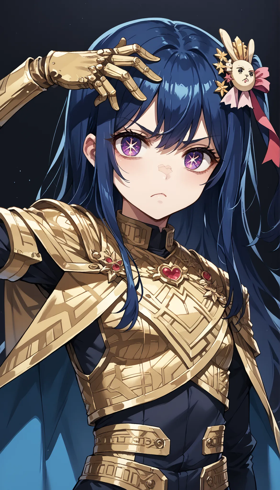 score_9, score_8_up, score_7_up,source_anime,BREAK, solo 1
hoshino_ai_oshi_no_ko, with blue hair
dressed in a body uniform and cape. metallic silver, with deep reds, blacks, or gold accents embodied mean sly evil bored deadpan blank straight-faced
expr...