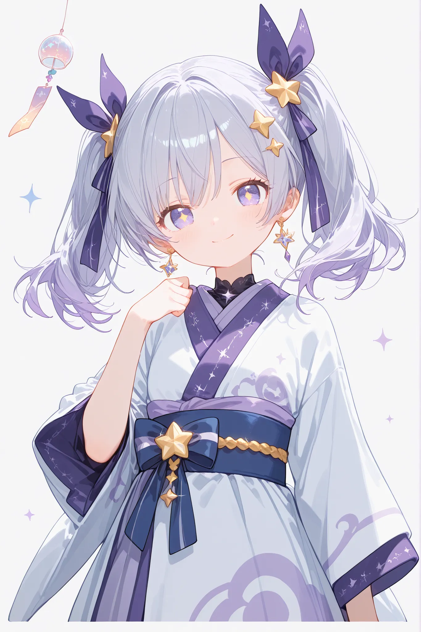 A cute anime girl with long, wavy silver-purple hair in twin tails, each tied with a soft purple ribbon that gently wraps around her hair. She has soft, glowing lavender eyes with a dreamy sparkle. Her outfit is a celestial-themed dress with a light kimono...