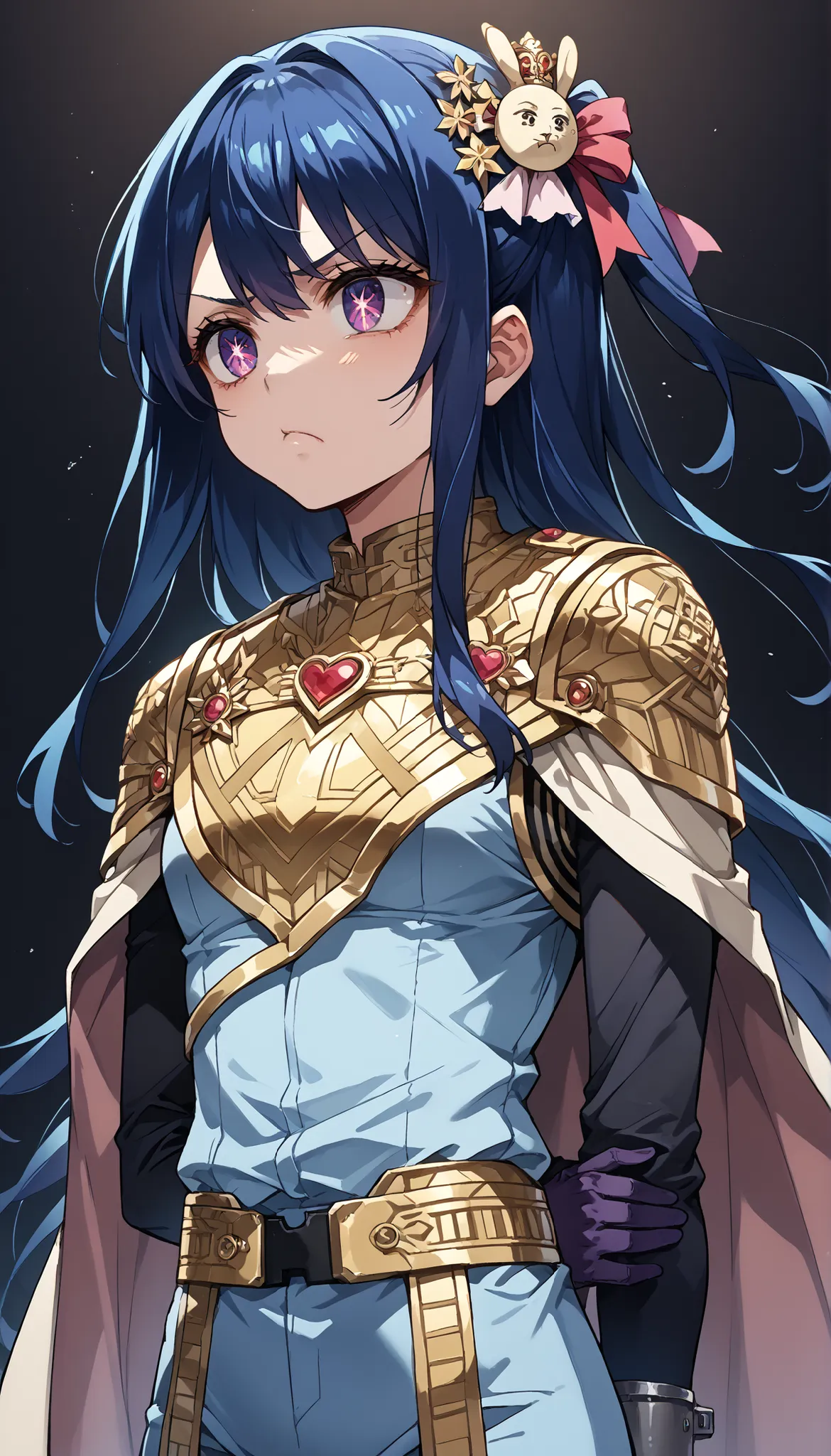 score_9, score_8_up, score_7_up,source_anime,BREAK, solo 1
hoshino_ai_oshi_no_ko, with blue hair
dressed in a body uniform and cape. metallic silver, with deep reds, blacks, or gold accents embodied mean sly evil bored deadpan blank straight-faced
expr...