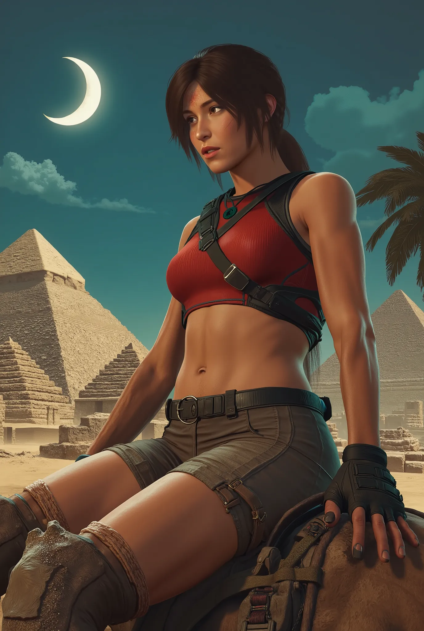 action movie illustration of a beautiful athletic girl from Tomb Raider, Wears a red bikini. She has braided hair and wears fingerless gloves. She rides a camel with the pyramids of Egypt in the background with a crescent, Klare Nacht. mysterious atmospher...