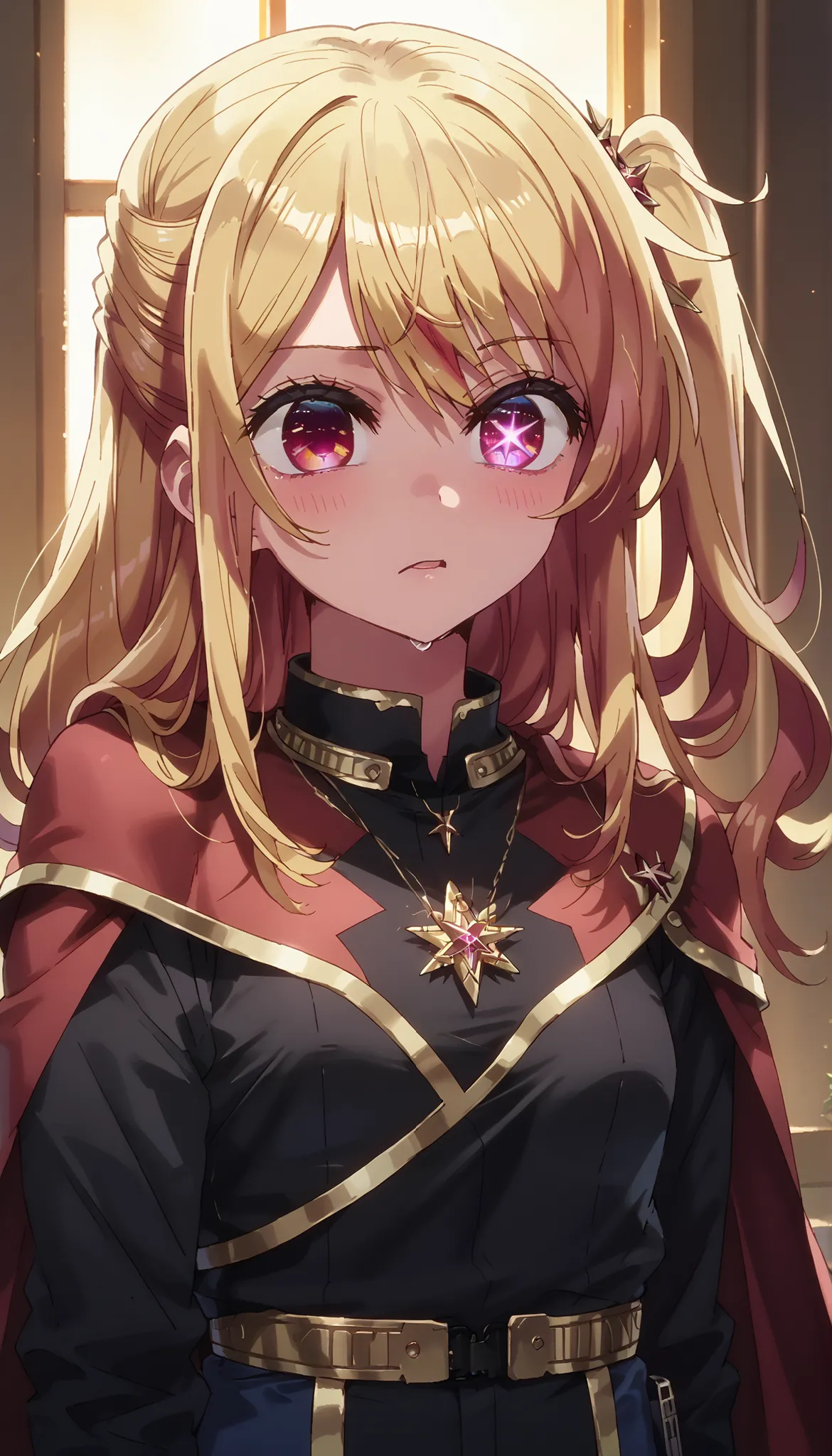 1girl, hoshinoruby, solo, star-shaped pupils, long hair, one side up, blonde hair, small breasts, BREAK
black shirt, long sleeves,, necklace, sparkling aura, BREAK
dressed in a body uniform and cape. metallic silver, with deep reds, blacks, or gold accents...
