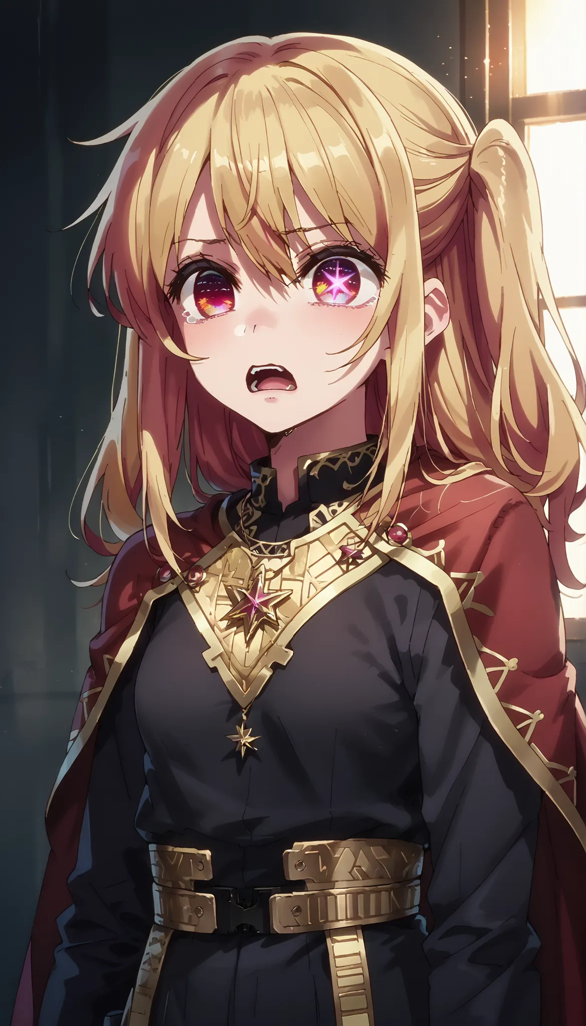1girl, hoshinoruby, solo, star-shaped pupils, long hair, one side up, blonde hair, small breasts, BREAK
black shirt, long sleeves,, necklace, sparkling aura, BREAK
dressed in a body uniform and cape. metallic silver, with deep reds, blacks, or gold accents...