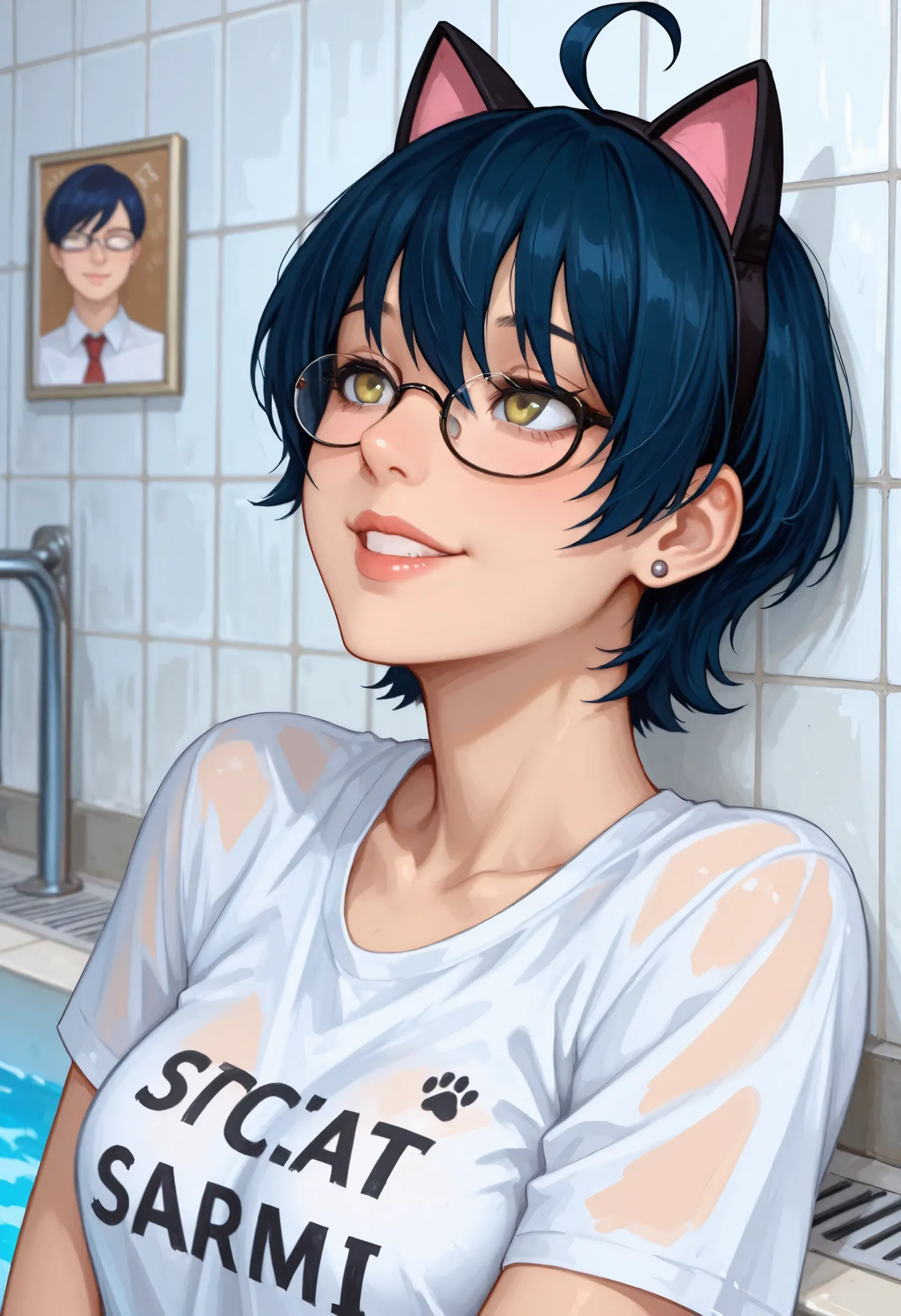 score_9, score_8_up, score_7_up, score_6_up, high resolution, ultradetailed, high detailed picture, source_anime, full lips, side part,very young slim fit girl, rounded face, pixie cut, disheveled dark blue hair, big yellow eyes, shy smile, perfect flat br...