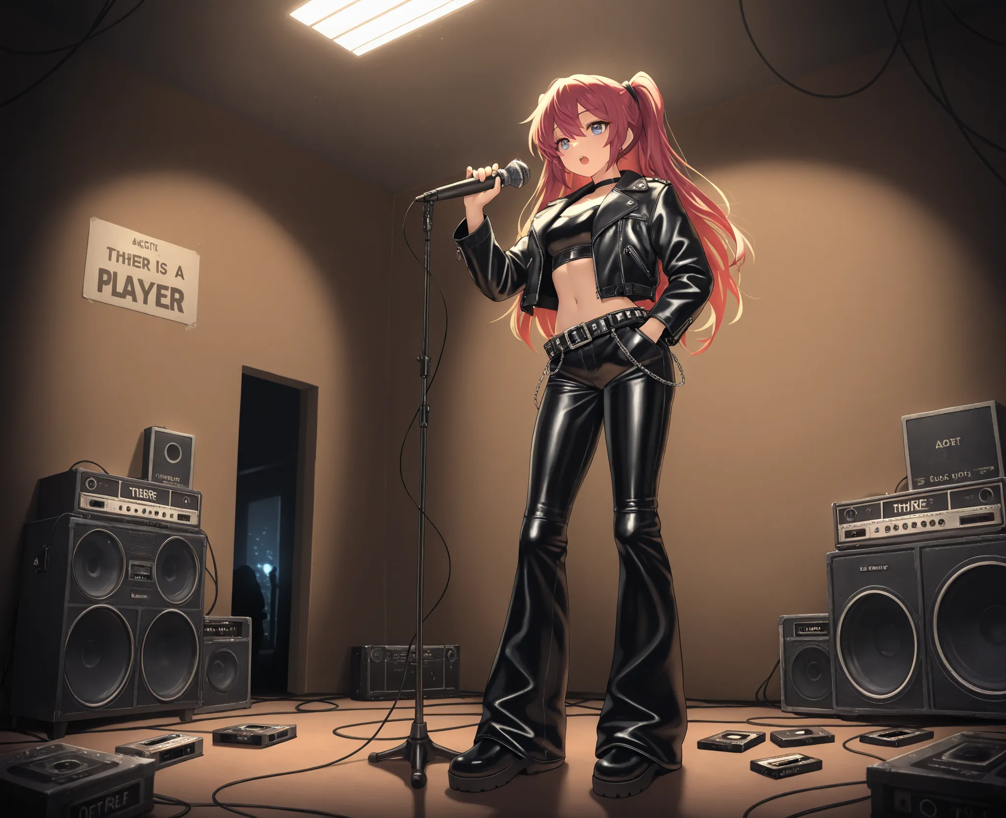 (masterpiece), (beautiful), (detailed), (postapocalypse), (atmospheric),  darkened room, girl, sexy,  alert , leather jacket, Wide leg pants, lots of pockets , holds the microphone, wire on the girl's belt, there is a player with a cassette tape, with one ...