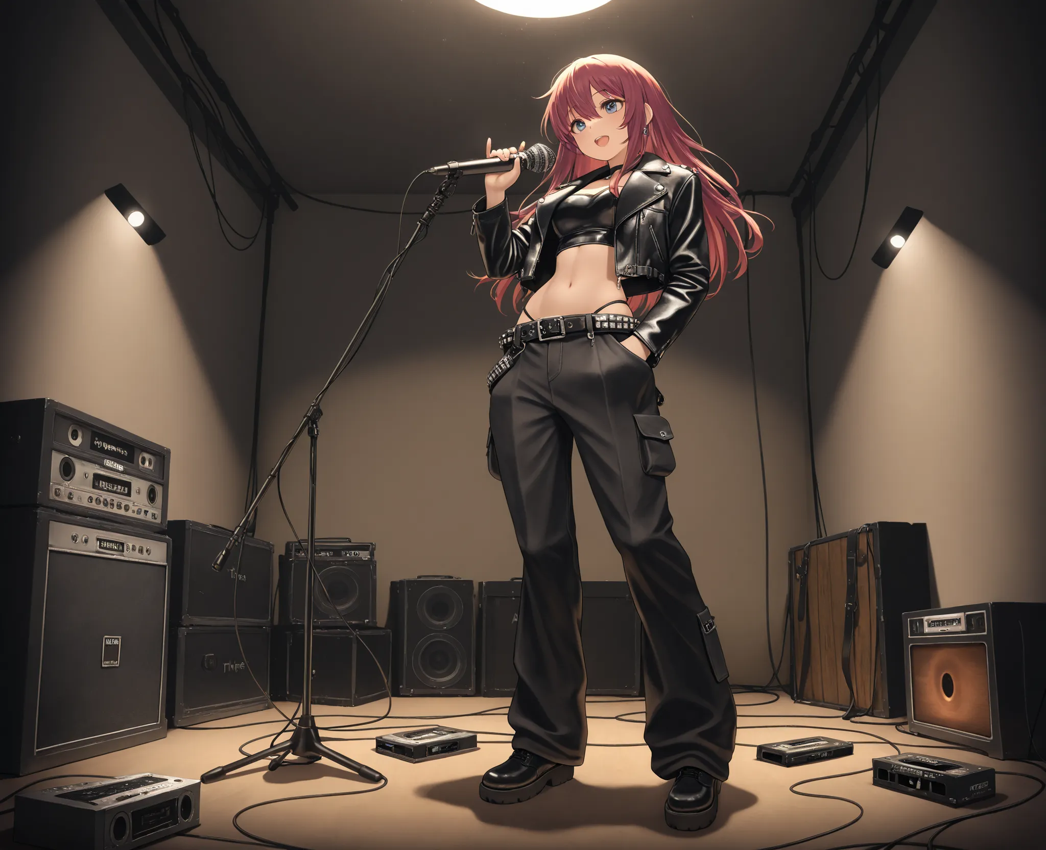(masterpiece), (beautiful), (detailed), (postapocalypse), (atmospheric),  darkened room, girl, sexy,  alert , leather jacket, Wide leg pants, lots of pockets , holds the microphone, wire on the girl's belt, there is a player with a cassette tape, with one ...