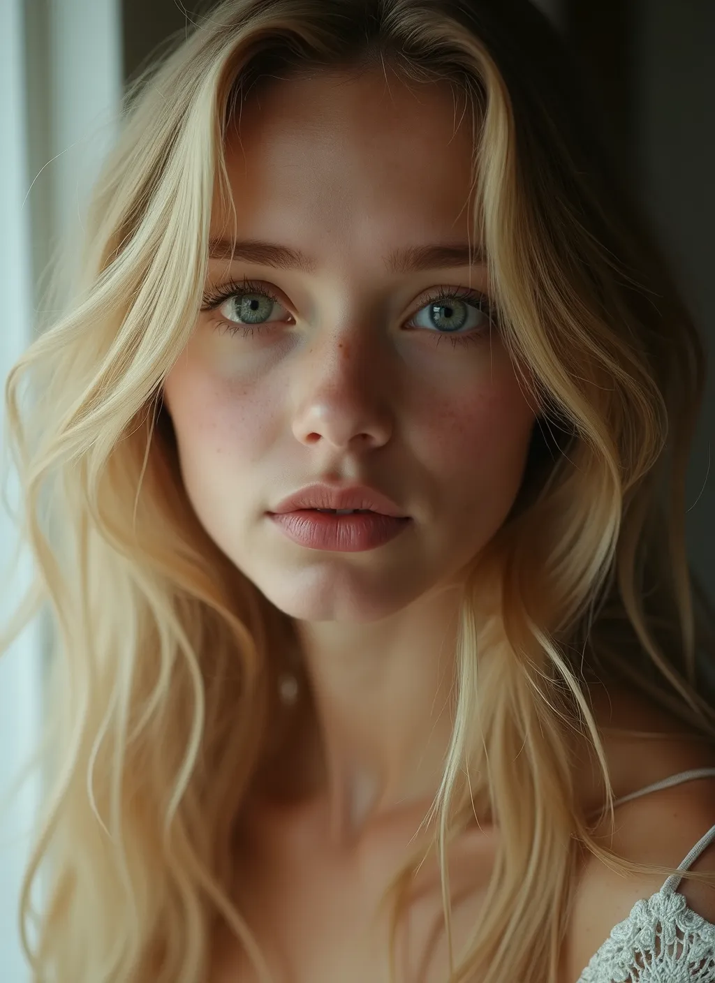 Portrait of 1 girl, in the house, blonde, Russian girl, Candid movie in RAW format , , color correction for Portra 400 film, wonderful color, ultra realistic, textured leather, wonderful detailed pupils, realistic dull skin noise, Visible skin details, s...