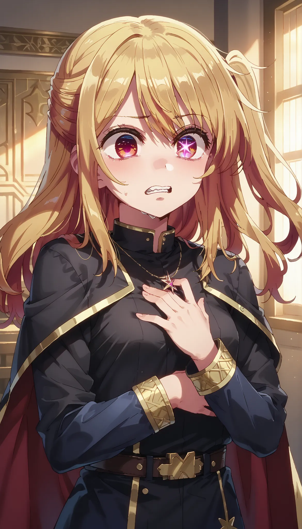 1girl, hoshinoruby, solo, star-shaped pupils, long hair, one side up, blonde hair, small breasts, BREAK black shirt, long sleeves,, necklace, sparkling aura, BREAK dressed in a body uniform and cape. metallic silver, with deep reds, blacks, or gold accents...