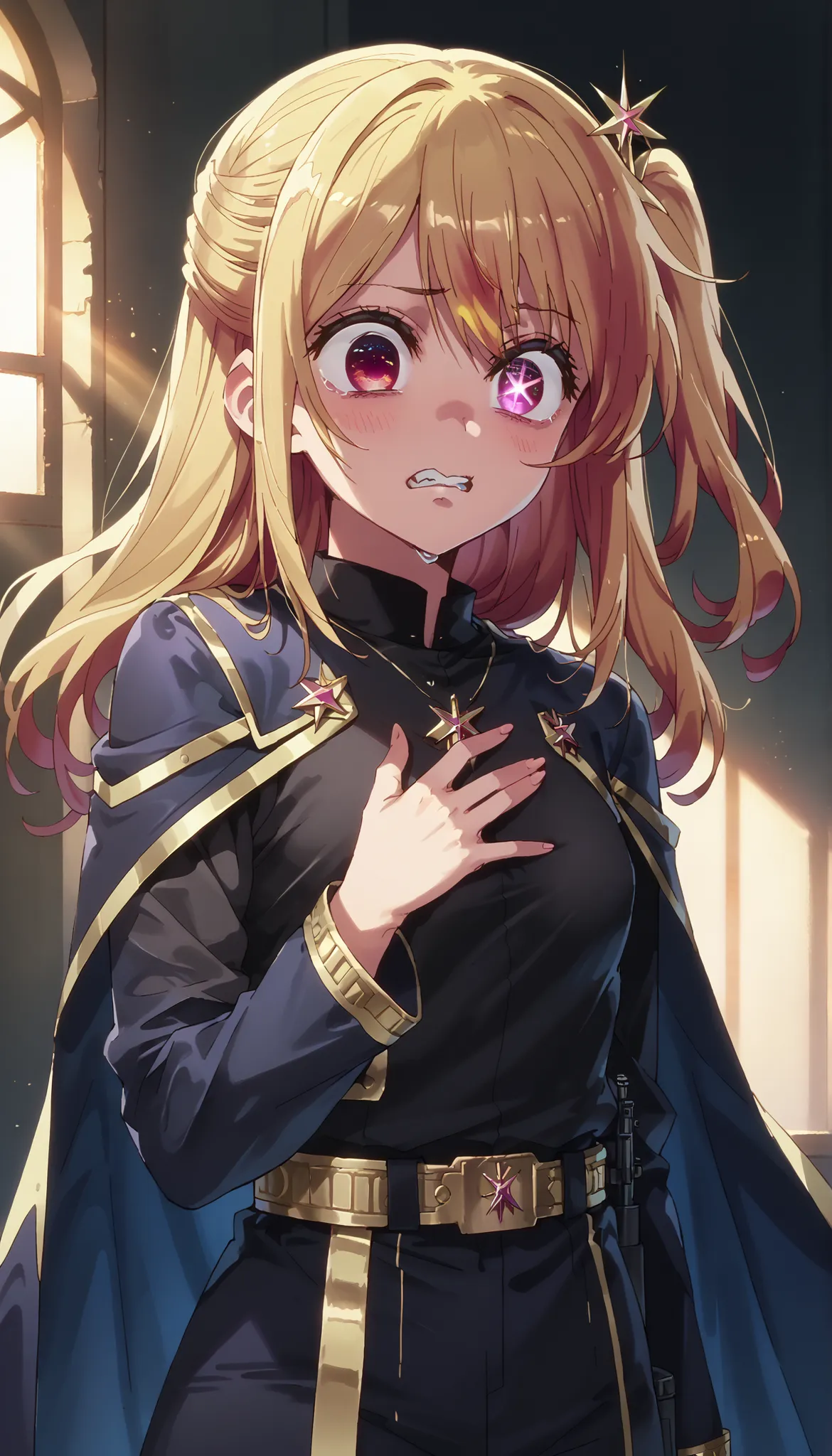 1girl, hoshinoruby, solo, star-shaped pupils, long hair, one side up, blonde hair, small breasts, BREAK black shirt, long sleeves,, necklace, sparkling aura, BREAK dressed in a body uniform and cape. metallic silver, with deep reds, blacks, or gold accents...