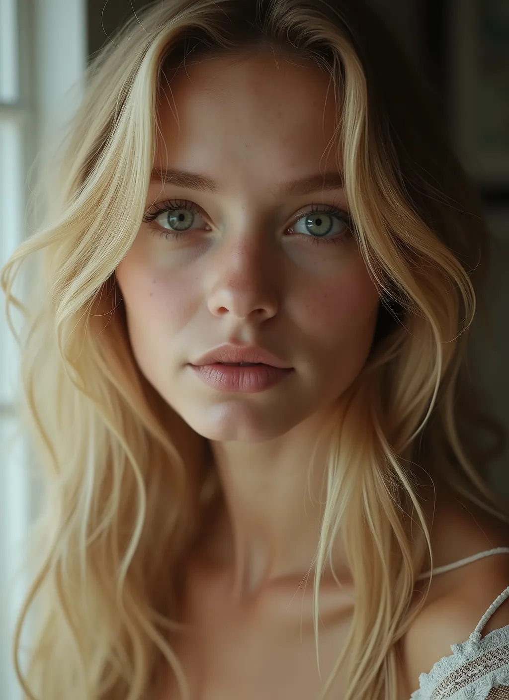 Portrait of 1 girl, in the house, blonde, Russian girl, Candid movie in RAW format , , color correction for Portra 400 film, wonderful color, ultra realistic, textured leather, wonderful detailed pupils, realistic dull skin noise, Visible skin details, s...