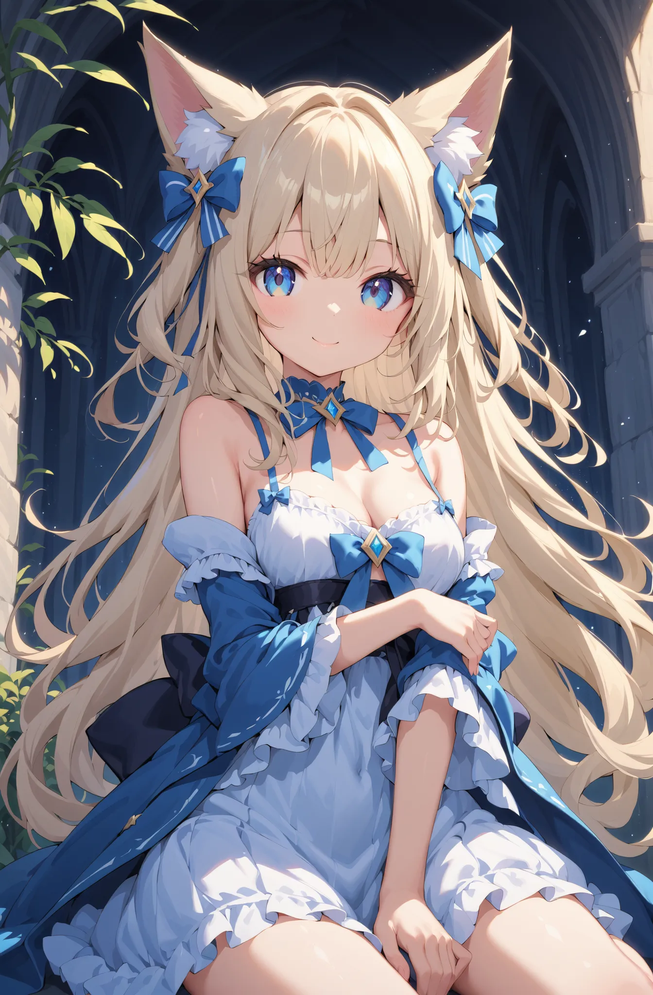 masterpiece、concept art、(very detailed)、 (((masterpiece、Top quality))) 、Girl tarry sky、Moonlight:1.2、Hanabatake、(fox ear、Off-the-Shoulder、platinum blonde、Long Hair、ruffle skirt)、( A soft smile ) 、 deep background