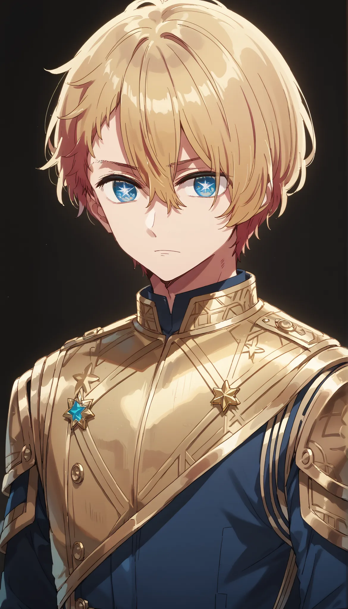 masterpiece, best quality, high quality, 1boy, solo, male focus, looking at viewer, upper body,  hoshino_aquamarine, star-shaped_pupils,   BREAK dressed in a body uniform and cape. metallic silver, with deep reds, blacks, or gold accents embodied, deadpan ...