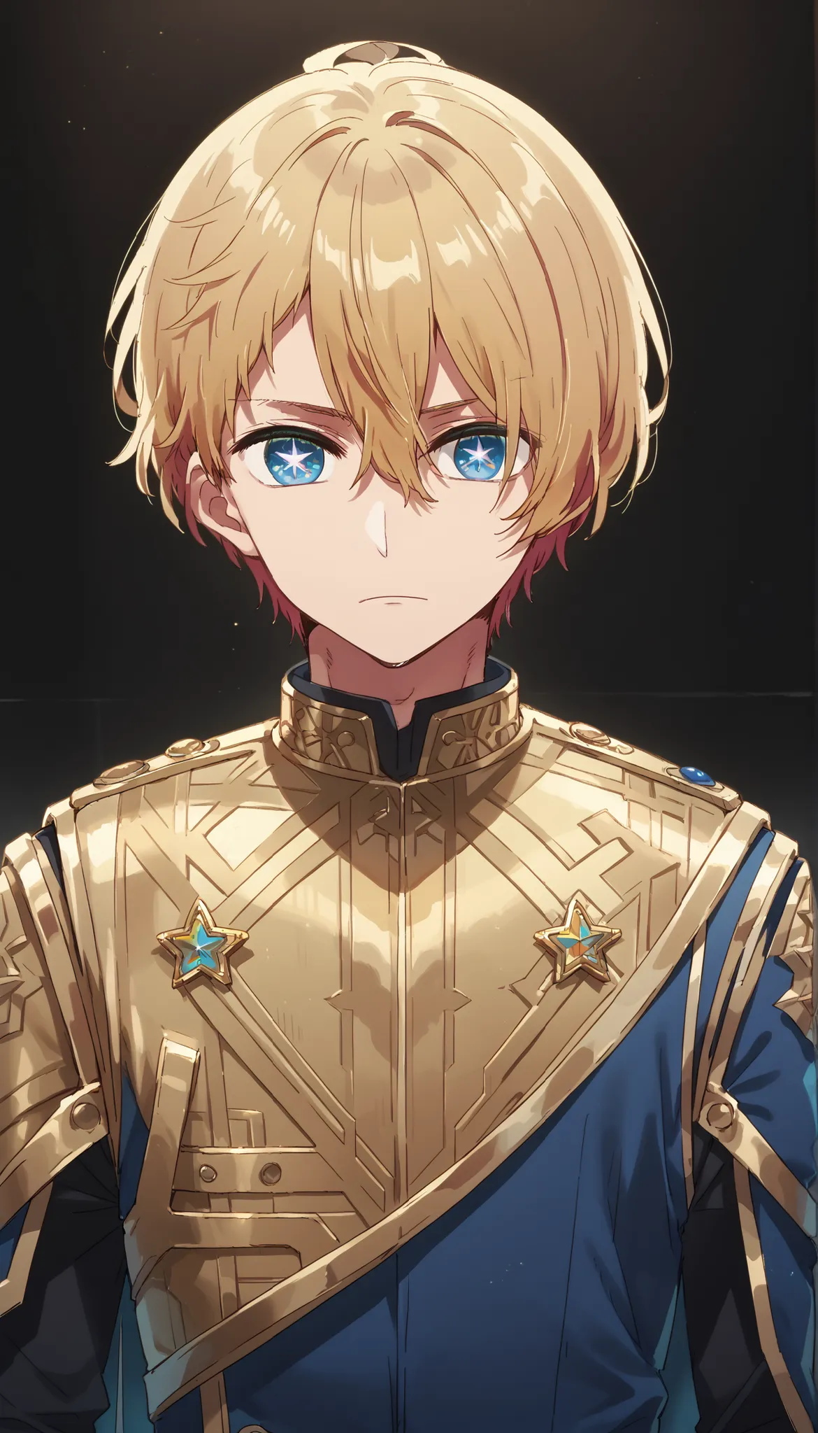 masterpiece, best quality, high quality, 1boy, solo, male focus, looking at viewer, upper body,  hoshino_aquamarine, star-shaped_pupils,   BREAK dressed in a body uniform and cape. metallic silver, with deep reds, blacks, or gold accents embodied, deadpan ...