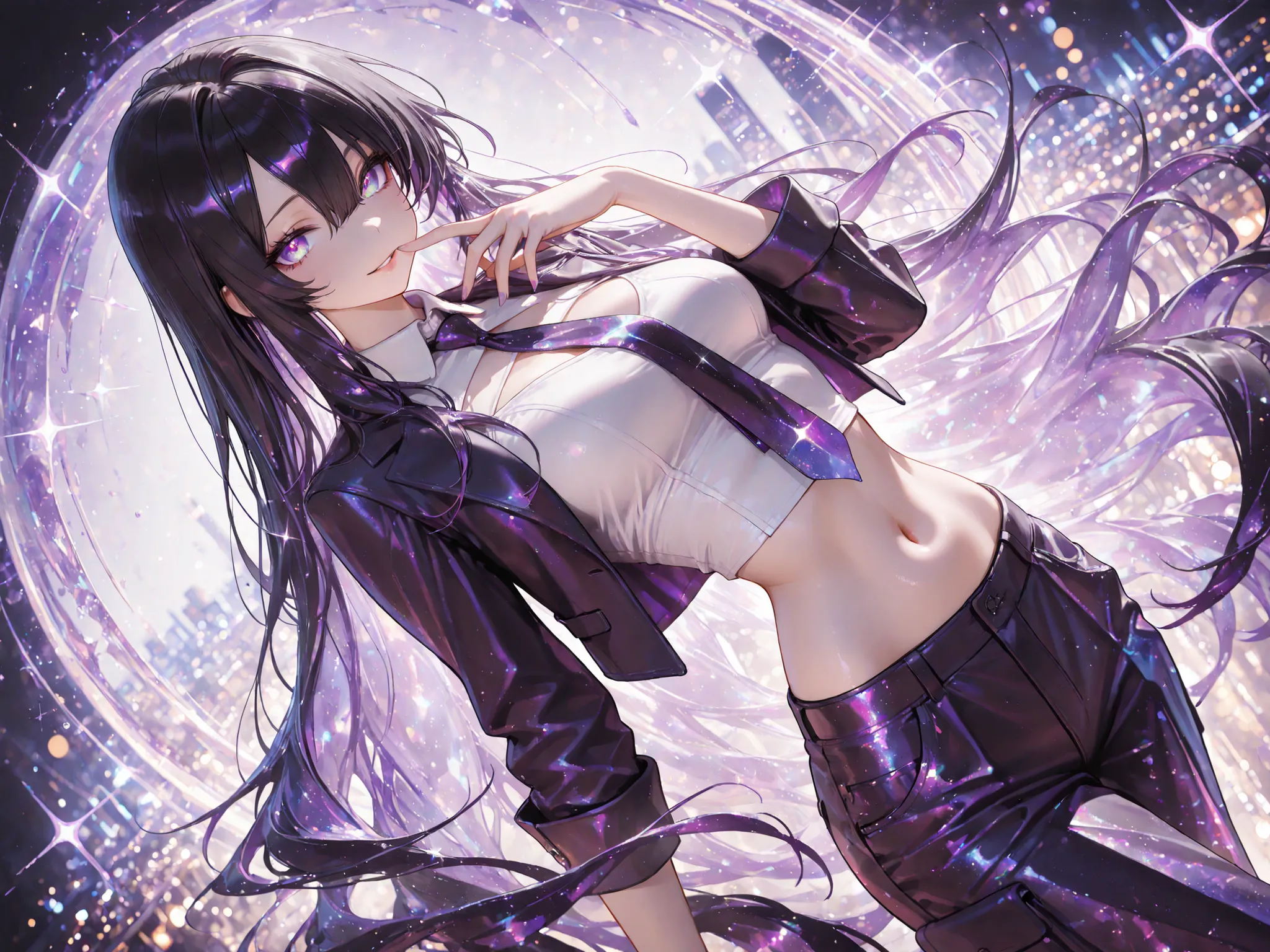  8k, HDR, extremely detailed face and eyes, beautiful face and eyes, perfect hands, good_hands, solo, 1 woman, sharp purple eyes , multicolored eyes , hair between eyes , long side bangs , black hair with fine purple strands , very long hair , medium breas...
