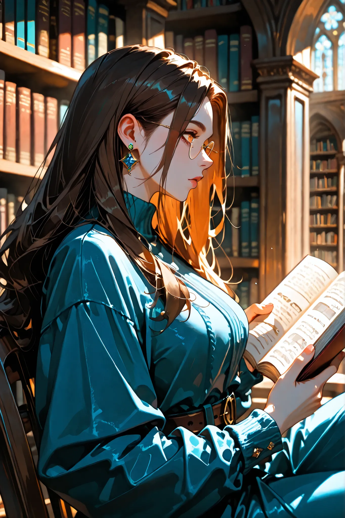 (SuperQuality:1.0) ~ (SuperQuality:1.2), detailxl, 1girl, Solo, High Resolution, Best Quality, High Details, Super Detailed, Long Hair, Brades, Brunette Hair, Amber eyes, Large breasts, Earrings, Library, Sitting, Reading a book, rounded glasses, Side View...