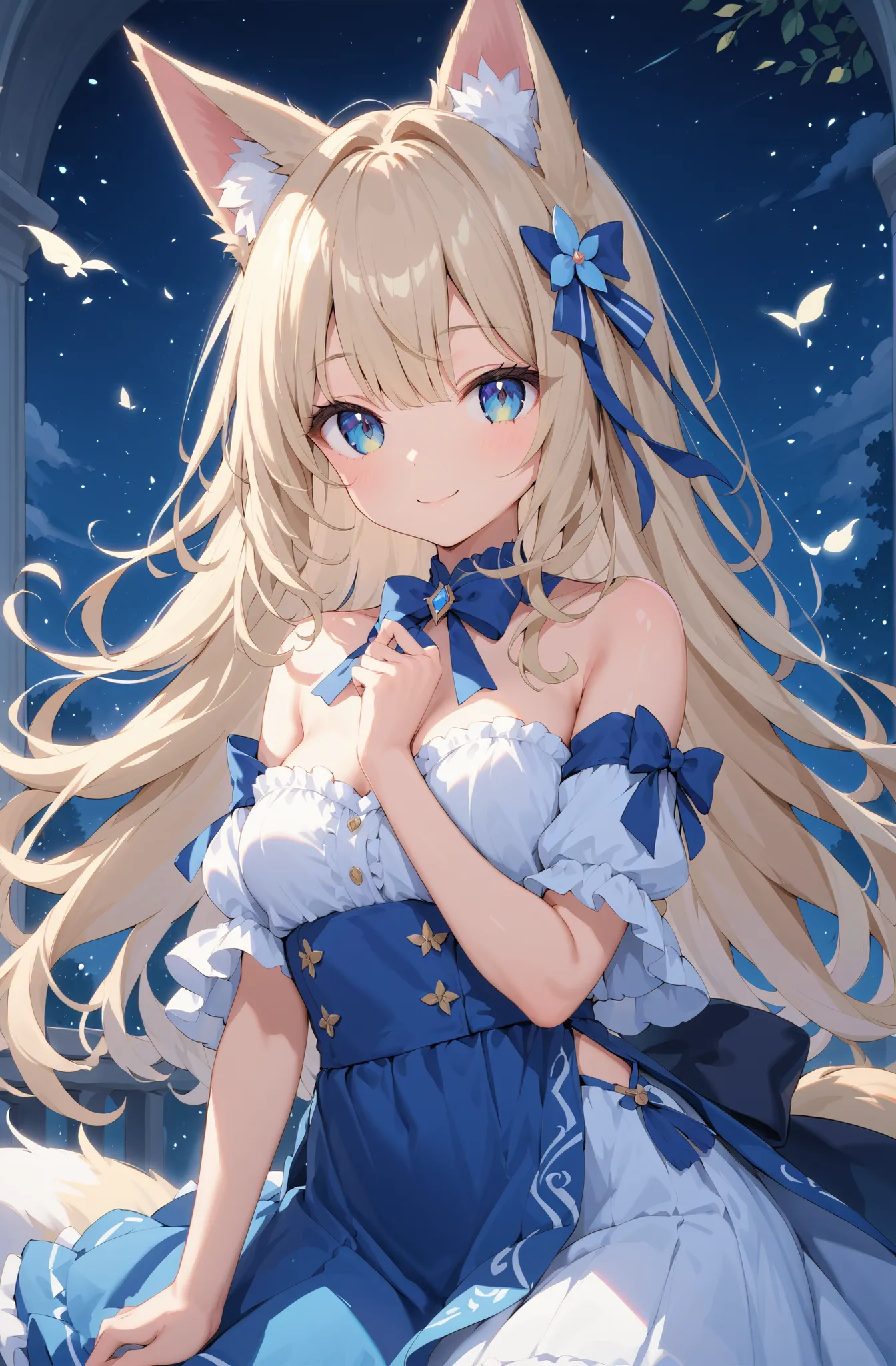 masterpiece、concept art、(very detailed)、 (((masterpiece、Top quality))) 、Girl tarry sky、Moonlight:1.2、Hanabatake、(fox ear、Off-the-Shoulder、platinum blonde、Long Hair、ruffle skirt)、( A soft smile ) 、 deep background