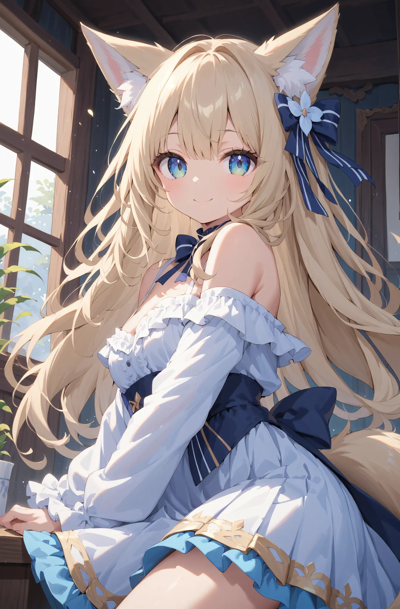 masterpiece、concept art、(very detailed)、 (((masterpiece、Top quality))) 、Girl tarry sky、Moonlight:1.2、Hanabatake、(fox ear、Off-the-Shoulder、platinum blonde、Long Hair、ruffle skirt)、( A soft smile ) 、 deep background