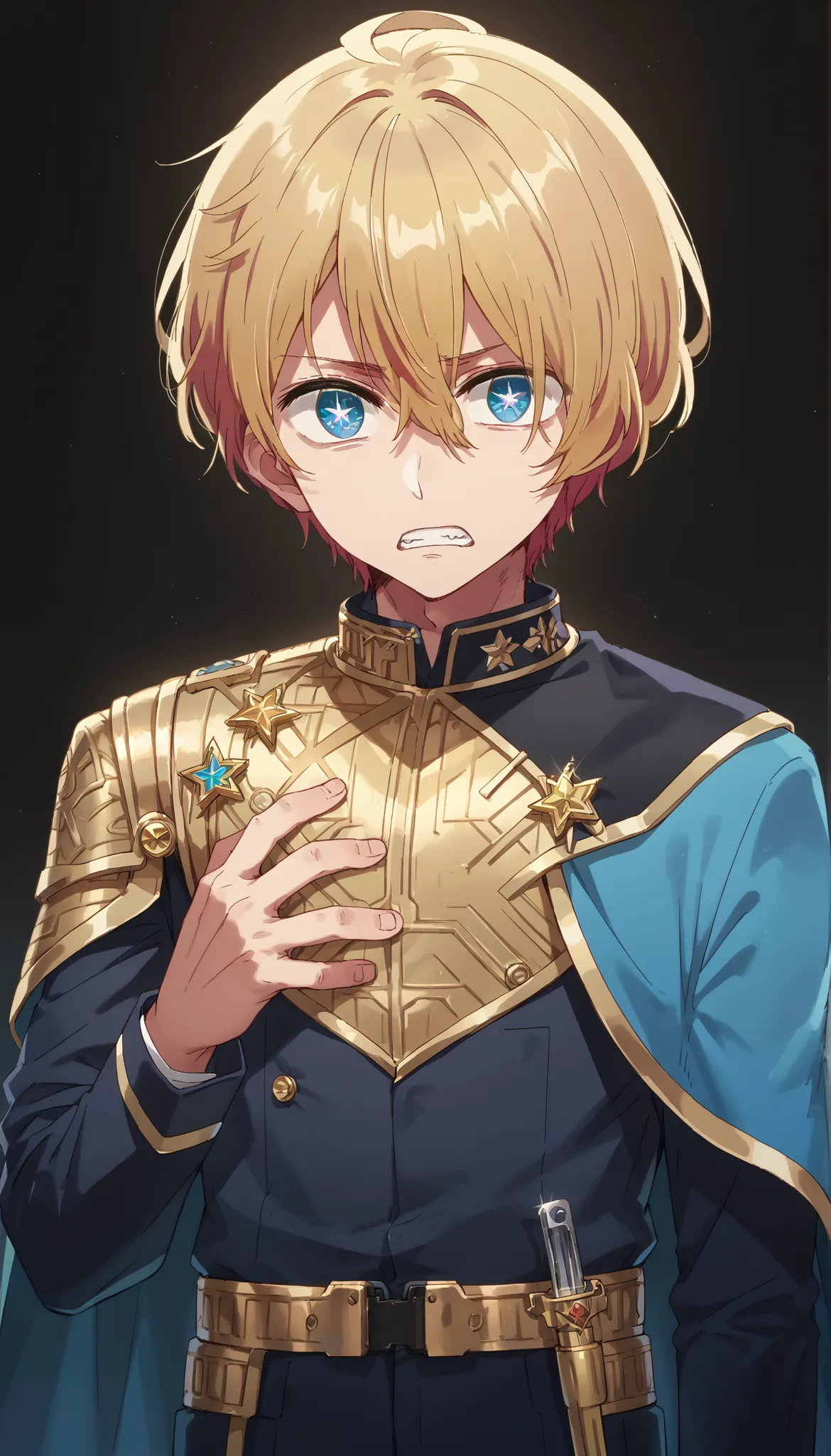 masterpiece, best quality, high quality, 1boy, solo, male focus, looking at viewer, upper body,  hoshino_aquamarine, star-shaped_pupils,   BREAK dressed in a body uniform and cape. metallic silver, with deep reds, blacks, or gold accents embodied,  deadpan...