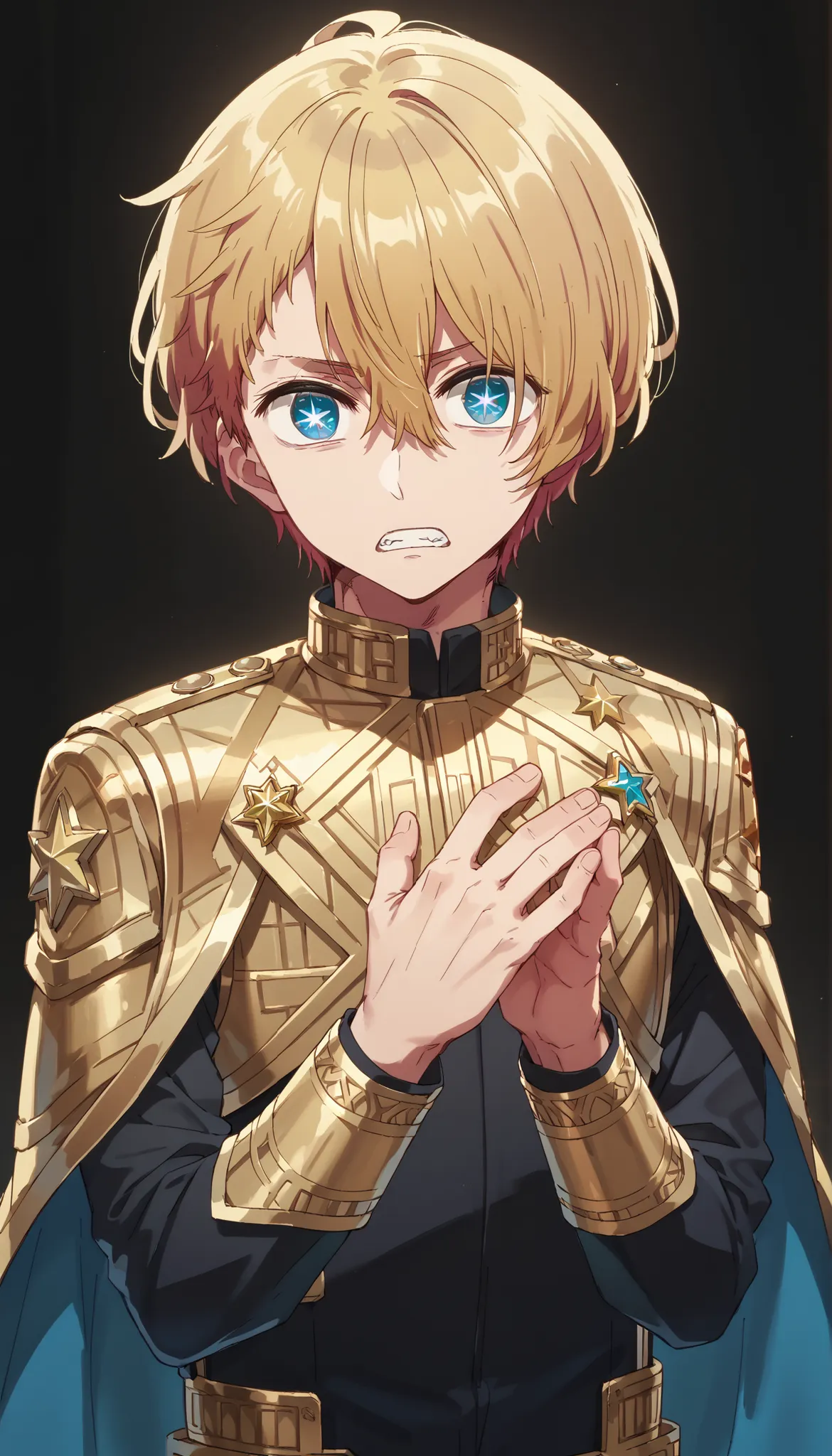 masterpiece, best quality, high quality, 1boy, solo, male focus, looking at viewer, upper body,  hoshino_aquamarine, star-shaped_pupils,   BREAK dressed in a body uniform and cape. metallic silver, with deep reds, blacks, or gold accents embodied,  deadpan...