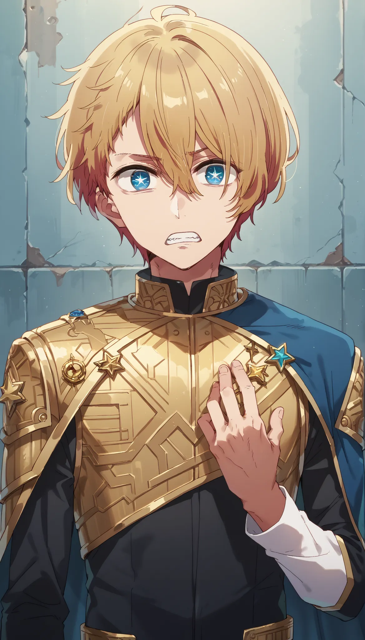 masterpiece, best quality, high quality, 1boy, solo, male focus, looking at viewer, upper body,  hoshino_aquamarine, star-shaped_pupils,   BREAK dressed in a body uniform and cape. metallic silver, with deep reds, blacks, or gold accents embodied,  deadpan...