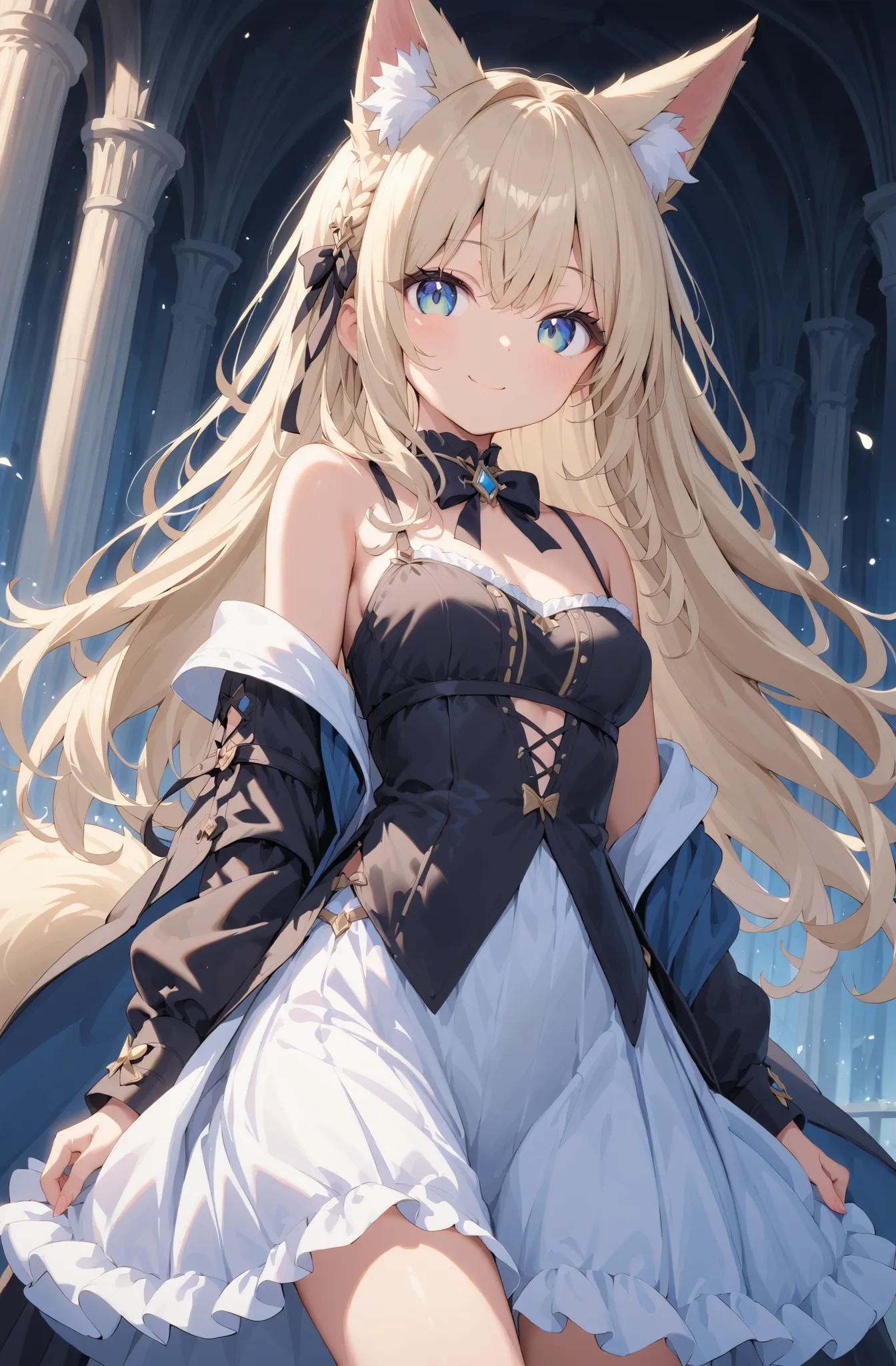 masterpiece、concept art、(very detailed)、 (((masterpiece、Top quality))) 、Girl tarry sky、Moonlight:1.2、Hanabatake、(fox ear、Off-the-Shoulder、platinum blonde、Long Hair、ruffle skirt)、( A soft smile ) 、 deep background