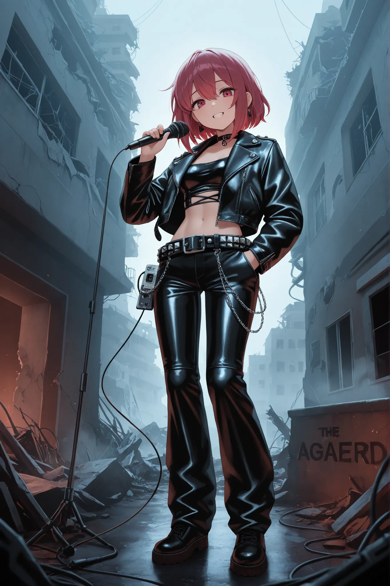 (masterpiece), (beautiful), (detailed), (postapocalypse), (atmospheric), destroyed building,  darkened room, girl, sexy,  alert , leather jacket, Wide leg pants, lots of pockets , The jacket has a lapel microphone, girl держит в руках видеокамеру, wire on ...