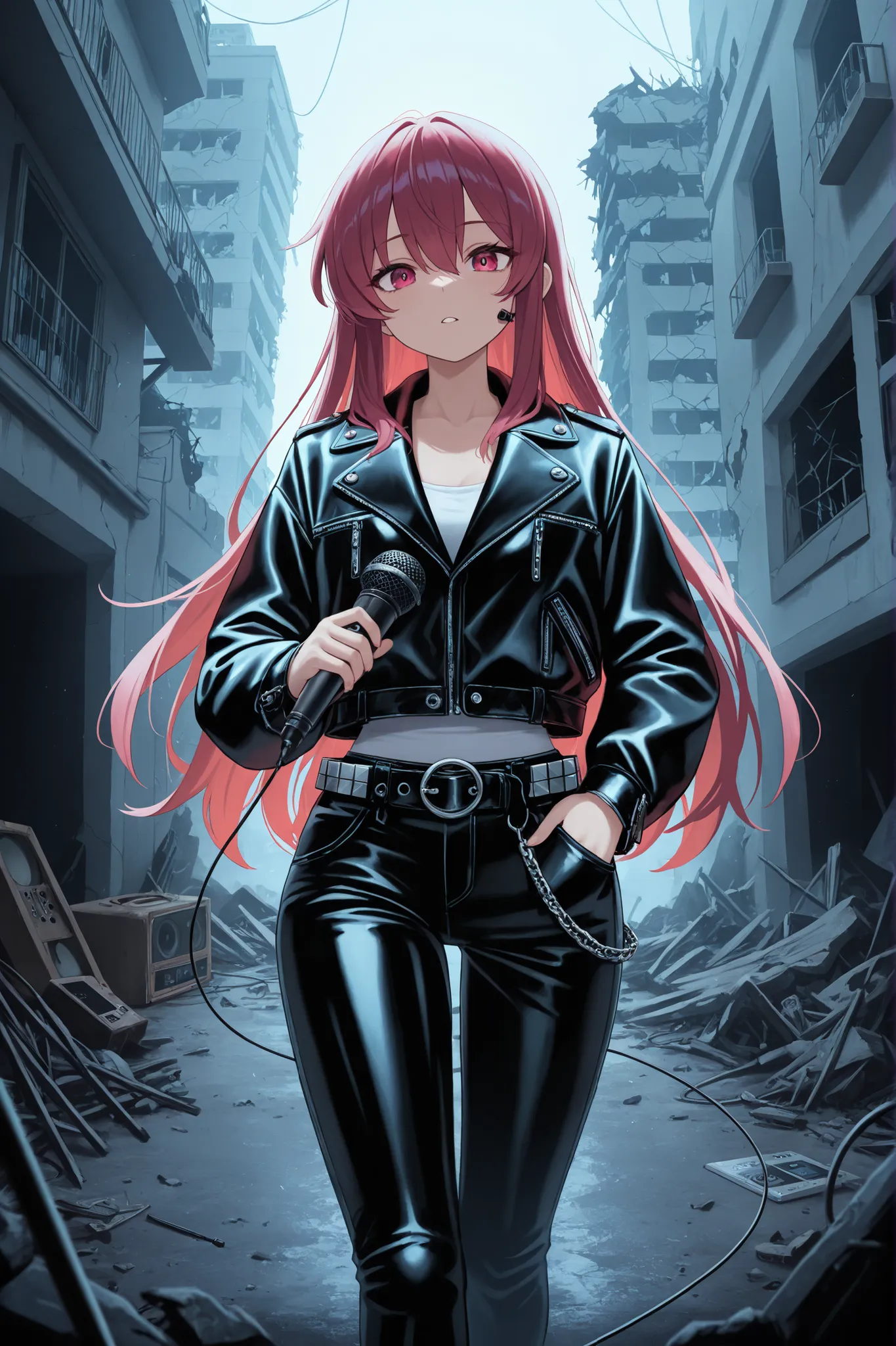 (masterpiece), (beautiful), (detailed), (postapocalypse), (atmospheric), destroyed building,  darkened room, girl, sexy,  alert , leather jacket, Wide leg pants, lots of pockets , The jacket has a lapel microphone, girl держит в руках видеокамеру, wire on ...