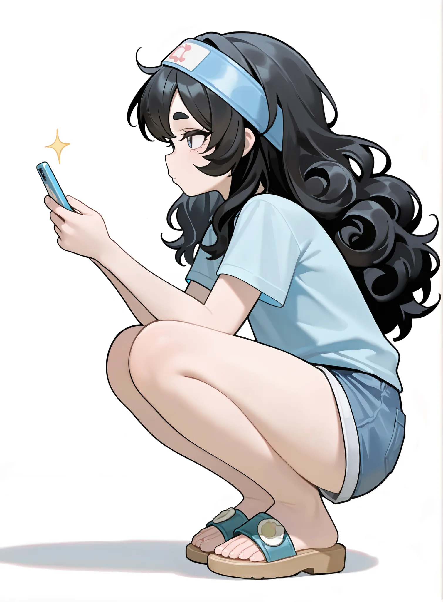 1 girl,  solo, , Masterpiece, Best quality, Ridiculous Results, Newest, Very beautiful, amazing quality,High resolution,，fluffy curly hair，long hair，black hair，Thick Round Eyebrows，Squat，side view，sandals，Short sleeve，shorts，Look at your phone，Wear a card ...
