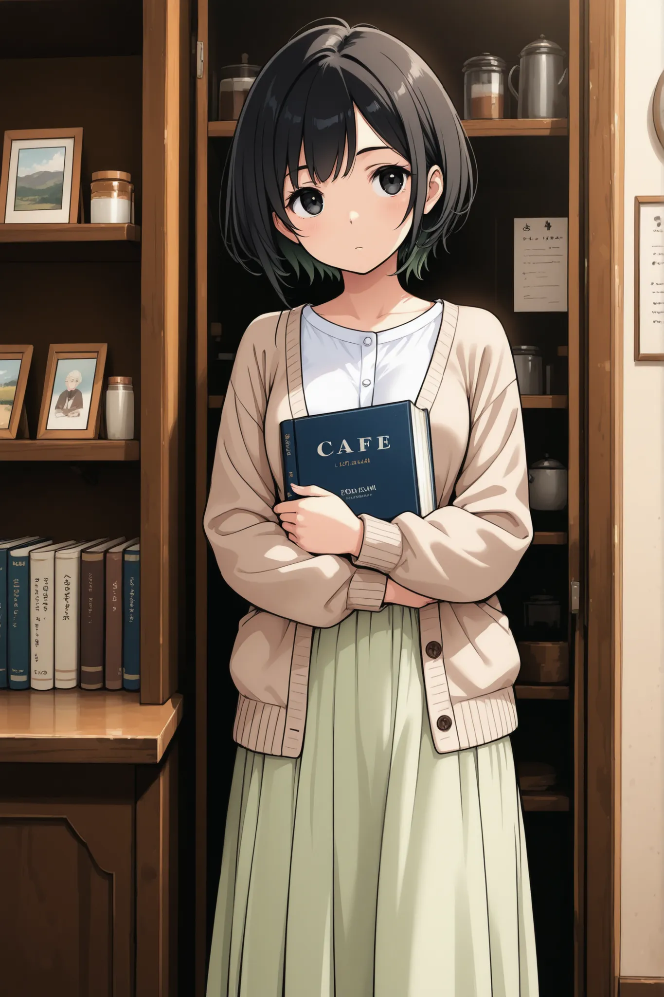 1 woman, 25 years old, black semi-short hair, white shirt, beige cardigan, light green long skirt, black eyes, book, boredom, cafe terrace