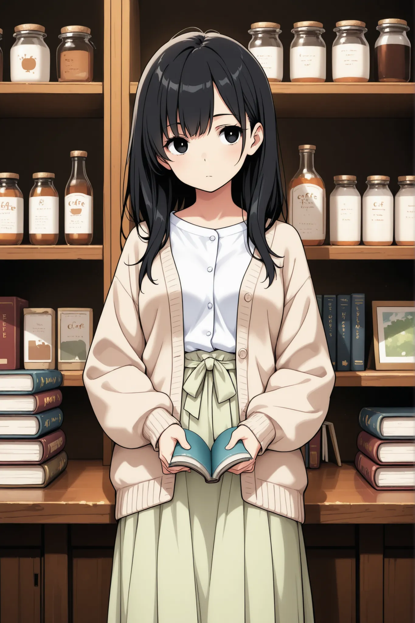 1 woman, 25 years old, black hair, hair falls to the shoulders, white shirt, beige cardigan, light green long skirt, black eyes, book, boredom, cafe terrace