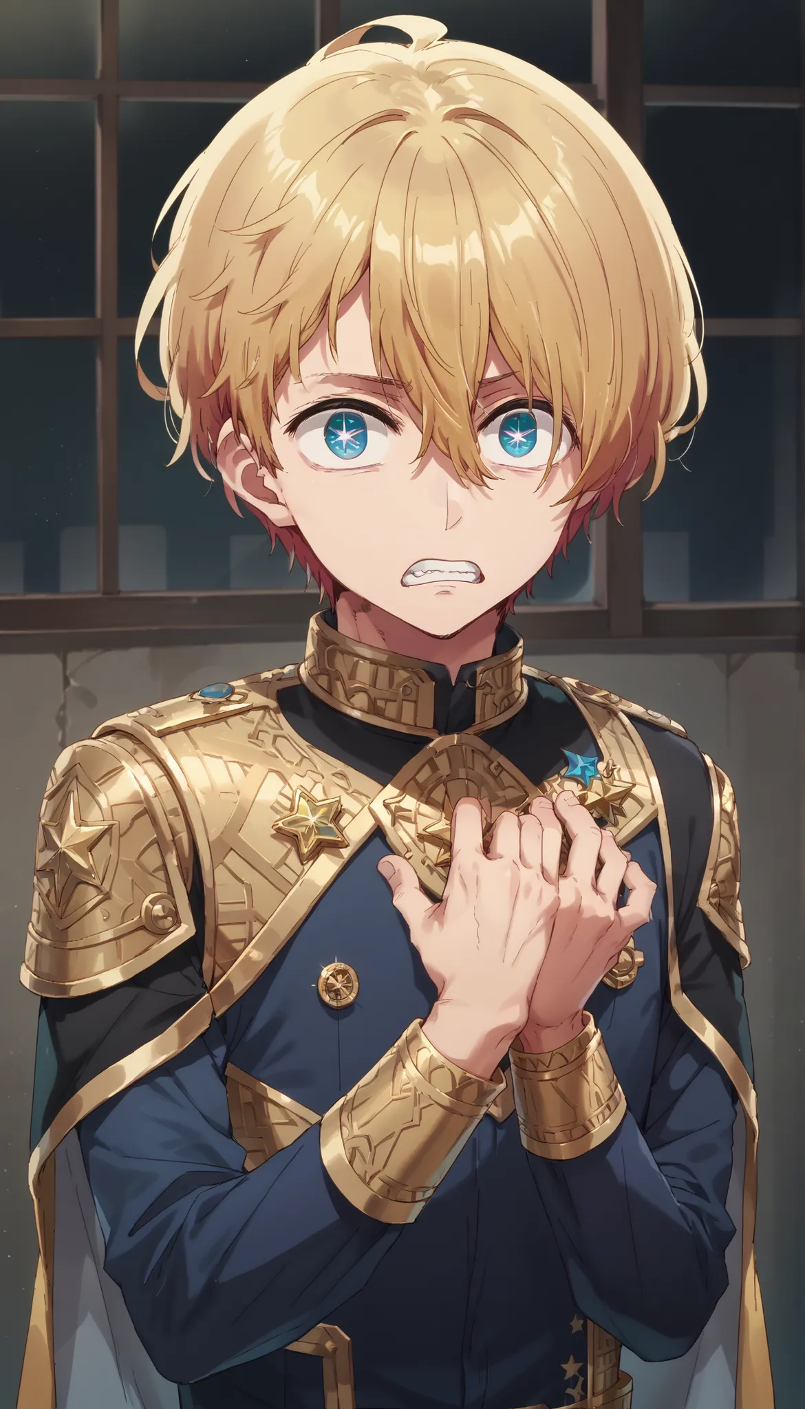 masterpiece, best quality, high quality, 1boy, solo, male focus, looking at viewer, upper body,  hoshino_aquamarine, star-shaped_pupils,   BREAK dressed in a body uniform and cape. metallic silver, with deep reds, blacks, or gold accents embodied,  deadpan...