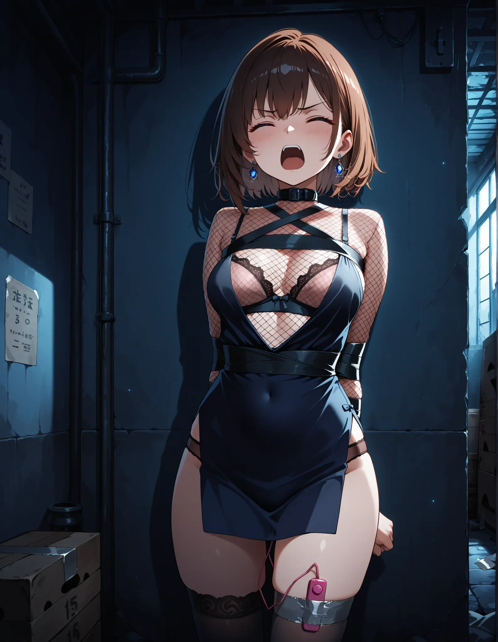 masterpiece,Best Quality,amazing quality,very aesthetic,absault dress, nsfw,
 Looking Up at Angry Screaming Face , Light Red See-through Bra and Panties Fishnet Blouse, Both Hands Bound on Her Back, earring, dark brown hair, side duct tape closed eyes , st...