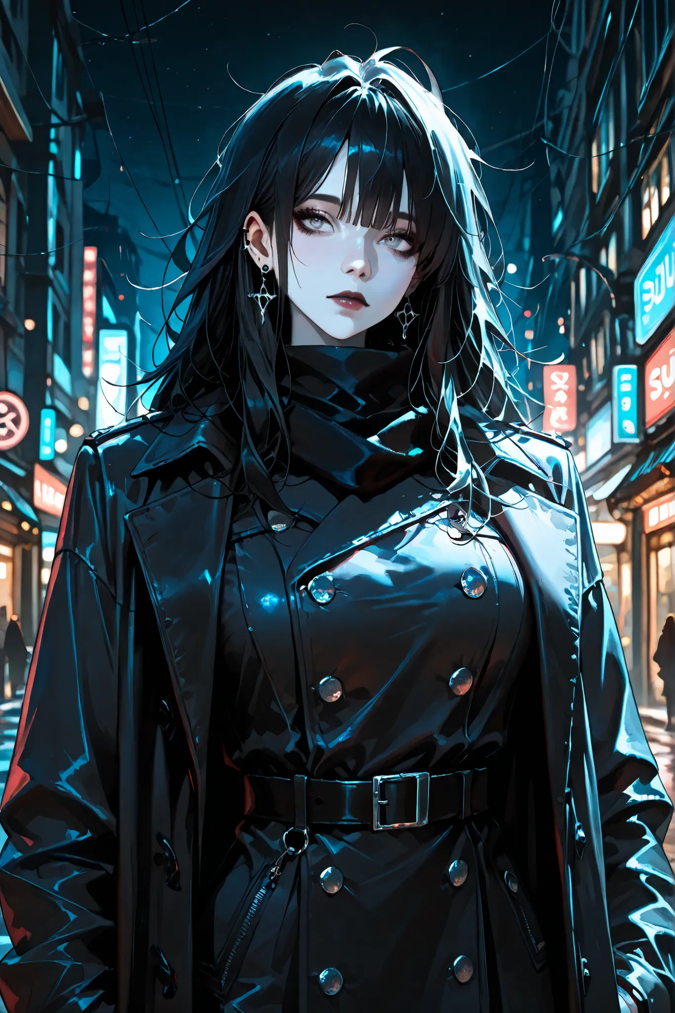 (SuperQuality:1.0) ~ (SuperQuality:1.2), detailxl, 1girl, Solo, High Resolution, Best Quality, High Details, Super Detailed, Long Hair, messy hair, Black Hair, Grey eyes, Large breasts, Earrings, White pale skin, Black double-breastedtren chcoat, Night, ru...