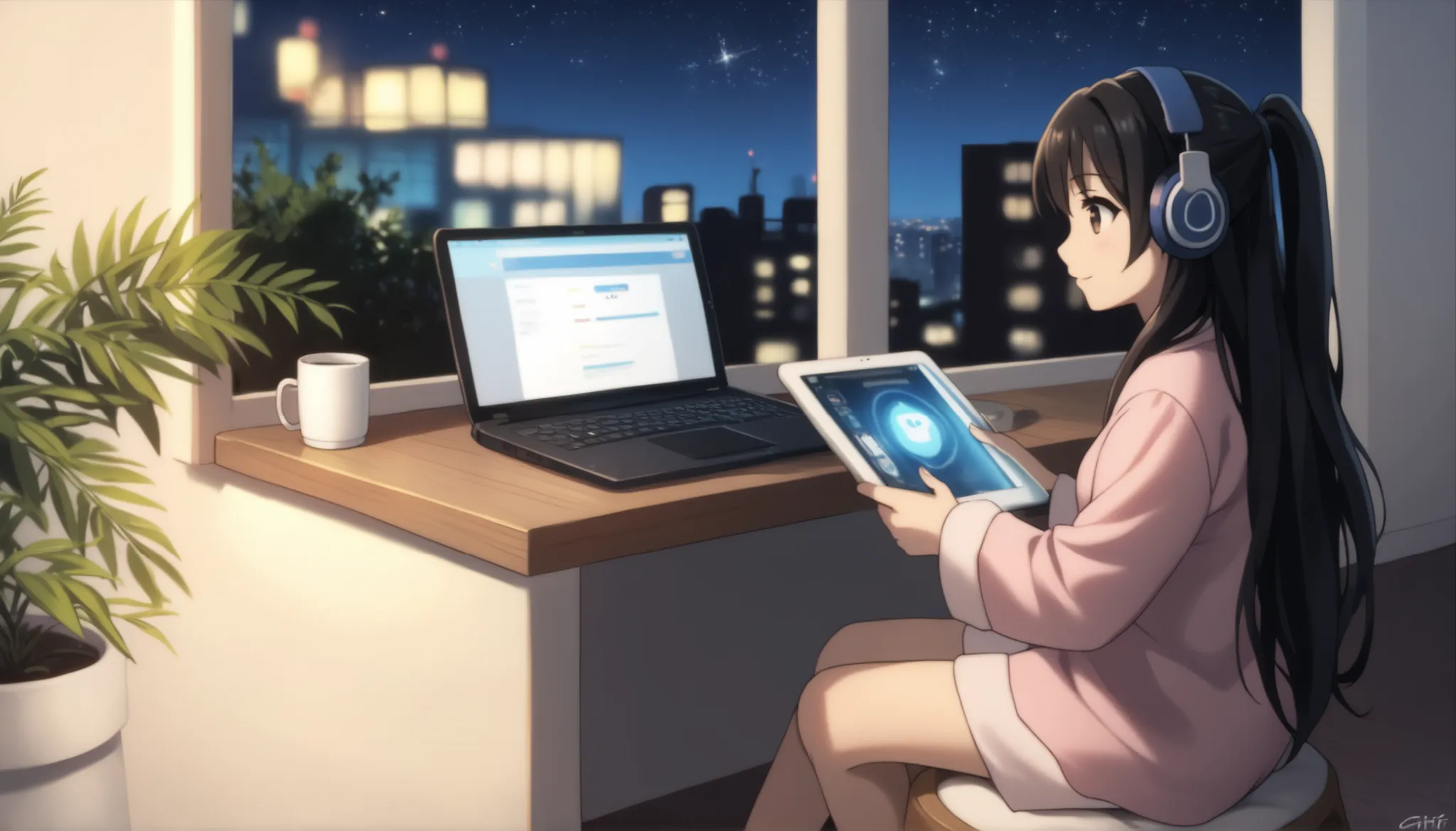 score_9, score_8_up, score_7_up, gsfghtr, white pajamas, black hair, ((straight hair)), (long hair), watching a tablet, 1 girl, solo, pink pajamas cap, cozy nighttime balcony scene, wearing blue headphones, sitting at a desk with laptop, wrapped in a blank...