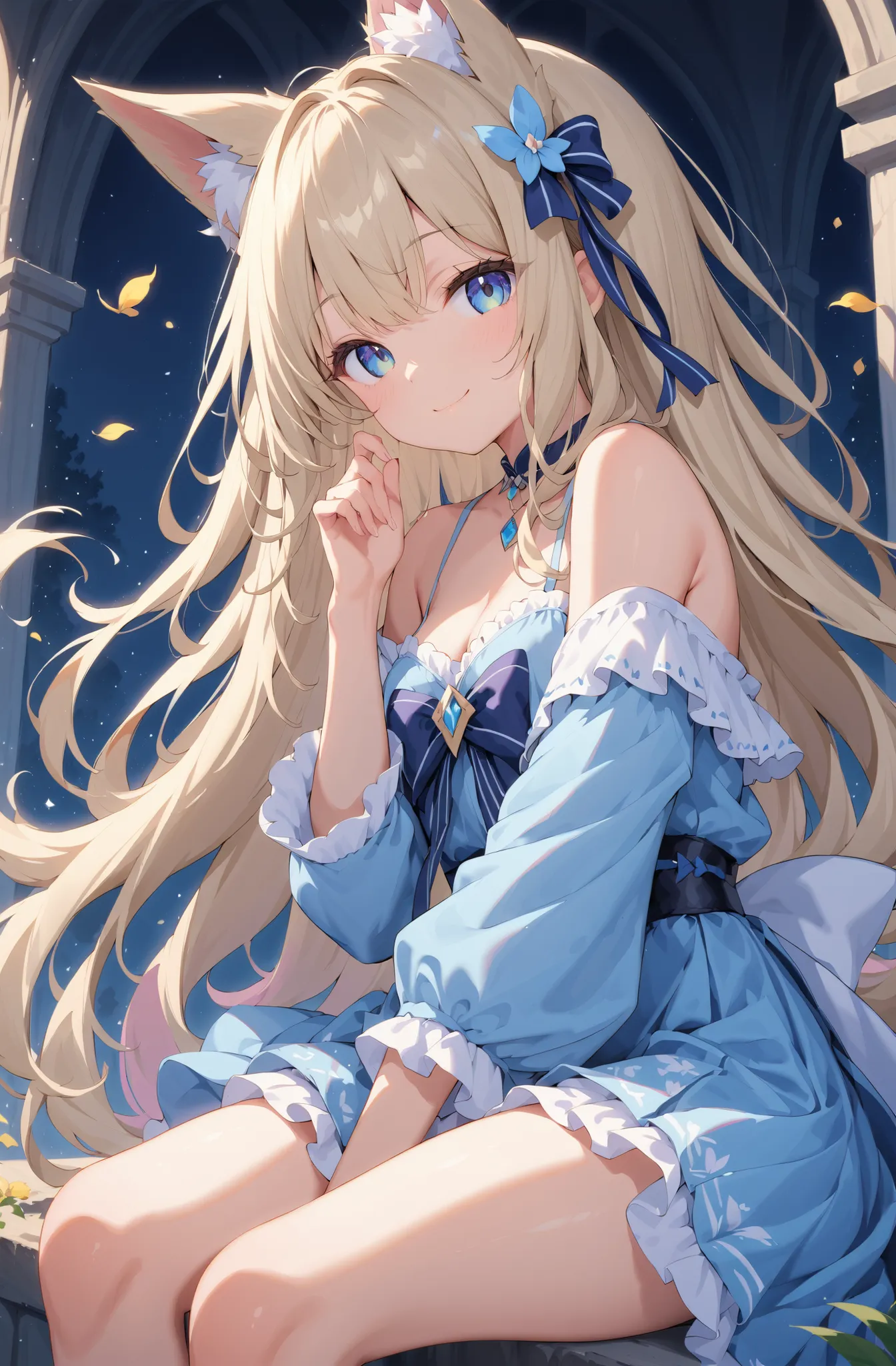 masterpiece、concept art、(very detailed)、 (((masterpiece、Top quality))) 、Girl tarry sky、Moonlight:1.2、Hanabatake、(fox ear、Off-the-Shoulder、platinum blonde、Long Hair、ruffle skirt)、( A soft smile ) 、 deep background