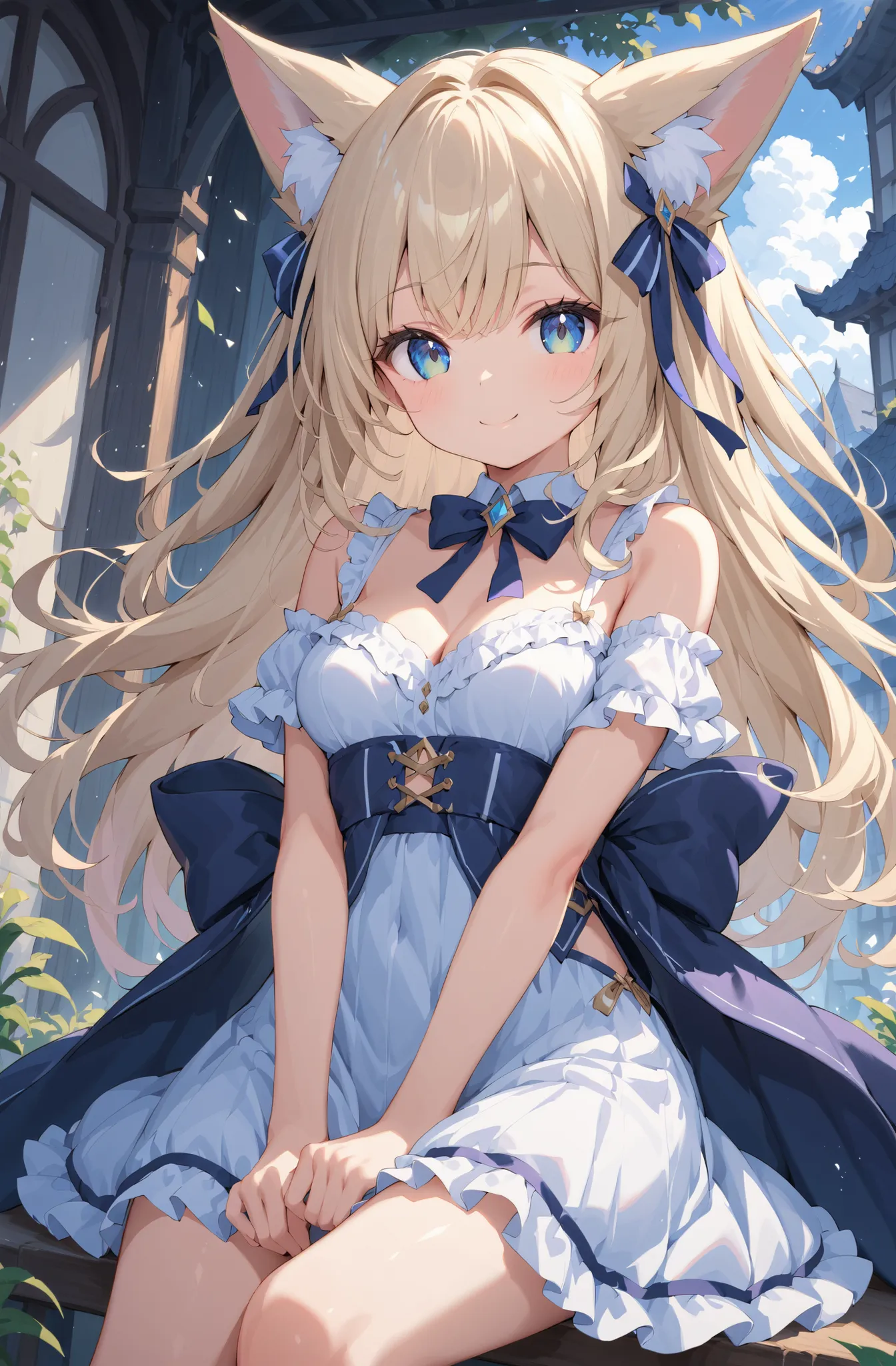 masterpiece、concept art、(very detailed)、 (((masterpiece、Top quality))) 、Girl tarry sky、Moonlight:1.2、Hanabatake、(fox ear、Off-the-Shoulder、platinum blonde、Long Hair、ruffle skirt)、( A soft smile ) 、 deep background