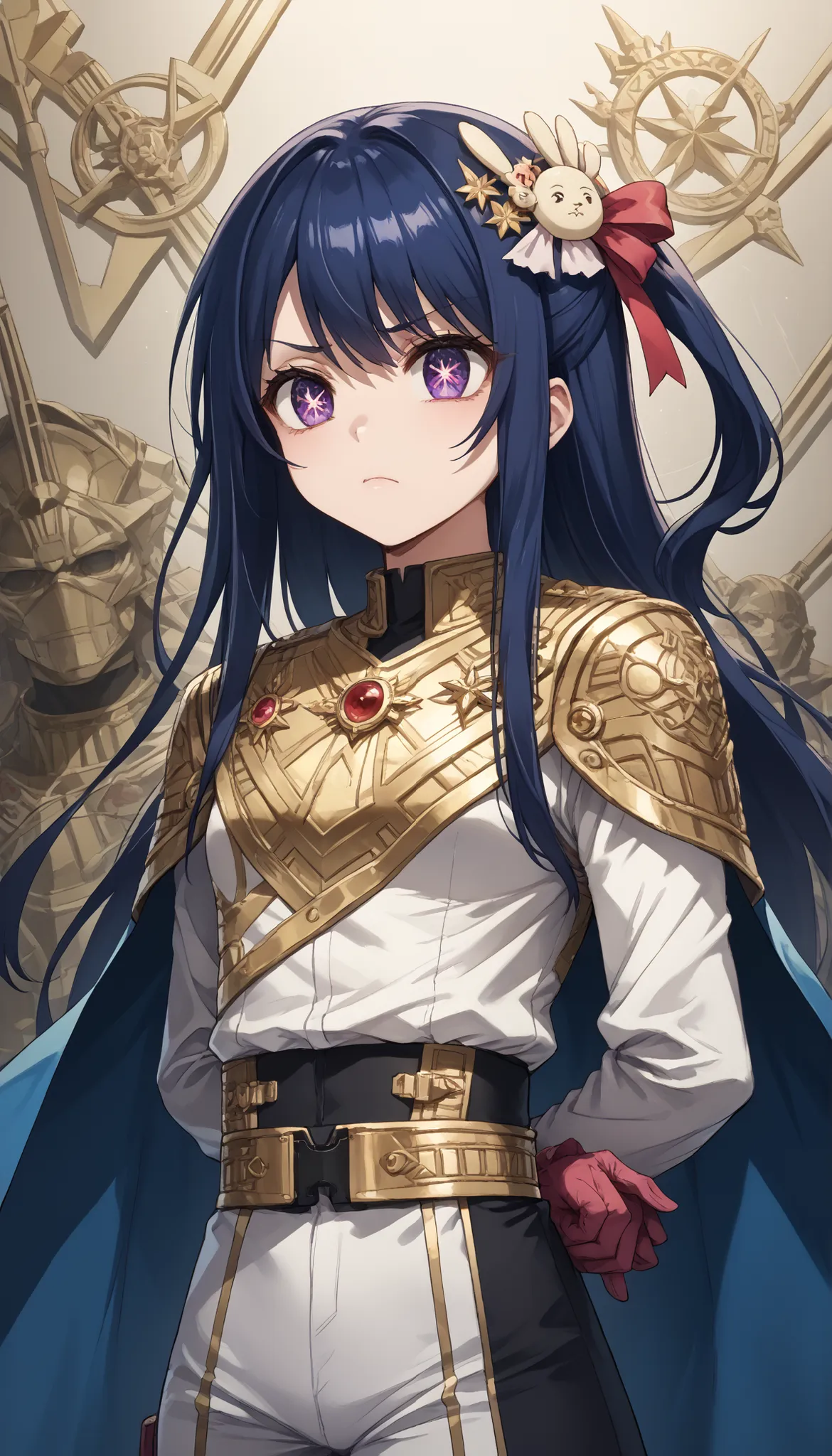 score_9, score_8_up, score_7_up,source_anime,BREAK, solo 1
hoshino_ai_oshi_no_ko, with blue hair
dressed in a body uniform and cape. metallic silver, with deep reds, blacks, or gold accents embodied mean sly evil bored deadpan blank straight-faced
expr...