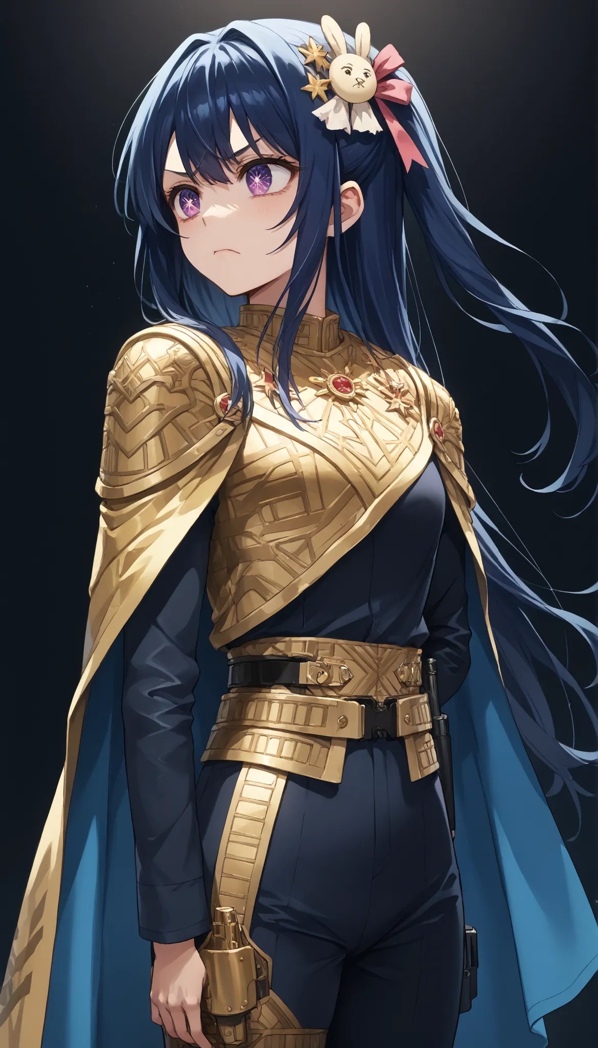 score_9, score_8_up, score_7_up,source_anime,BREAK, solo 1
hoshino_ai_oshi_no_ko, with blue hair
dressed in a body uniform and cape. metallic silver, with deep reds, blacks, or gold accents embodied mean sly evil bored deadpan blank straight-faced
expr...