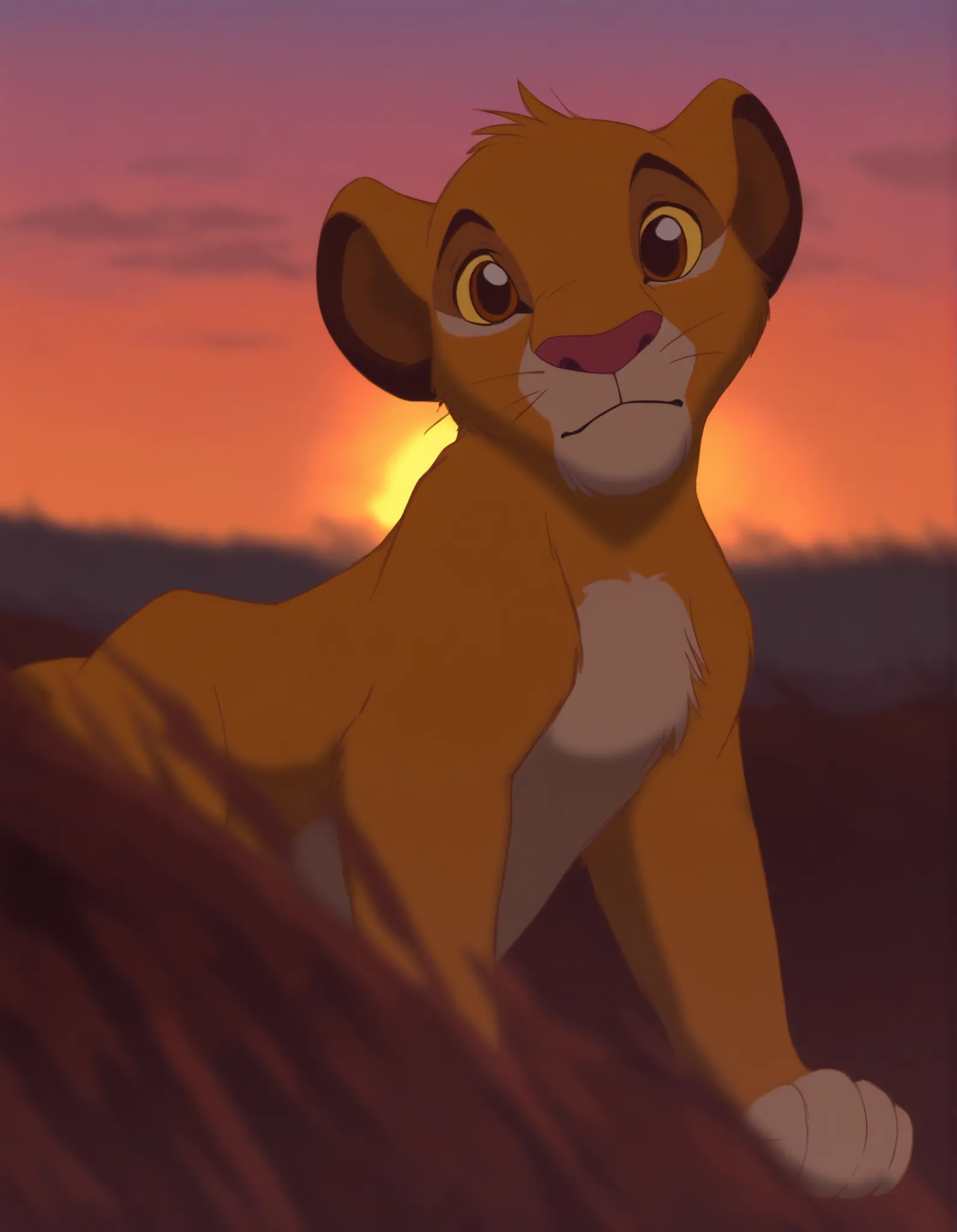 cubsimba, solo, sitting, sunset, savanna, yellow sclera, brown eyes, BREAK best quality, high quality, masterpiece, rim light,
