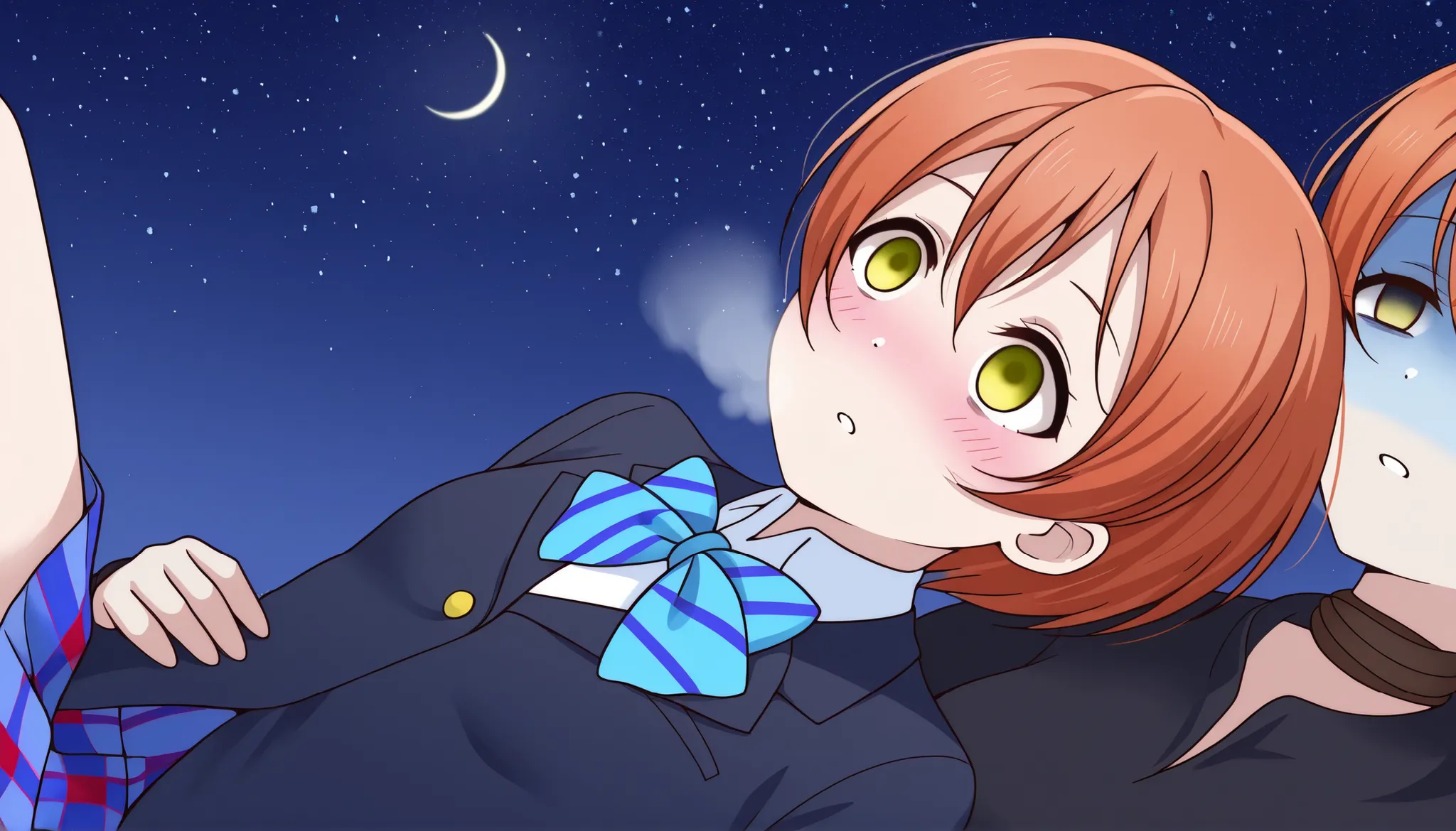 1girl, hoshizora rin, striped, short hair, blush, otonokizaka school uniform, lovelive_rin black blazer, blue plaid skirt, blue stripe bowtie, orange hair, very short hair, hair between eyes, yellow green eyes,knee up,crescent moon, stars (sky), blue face,...