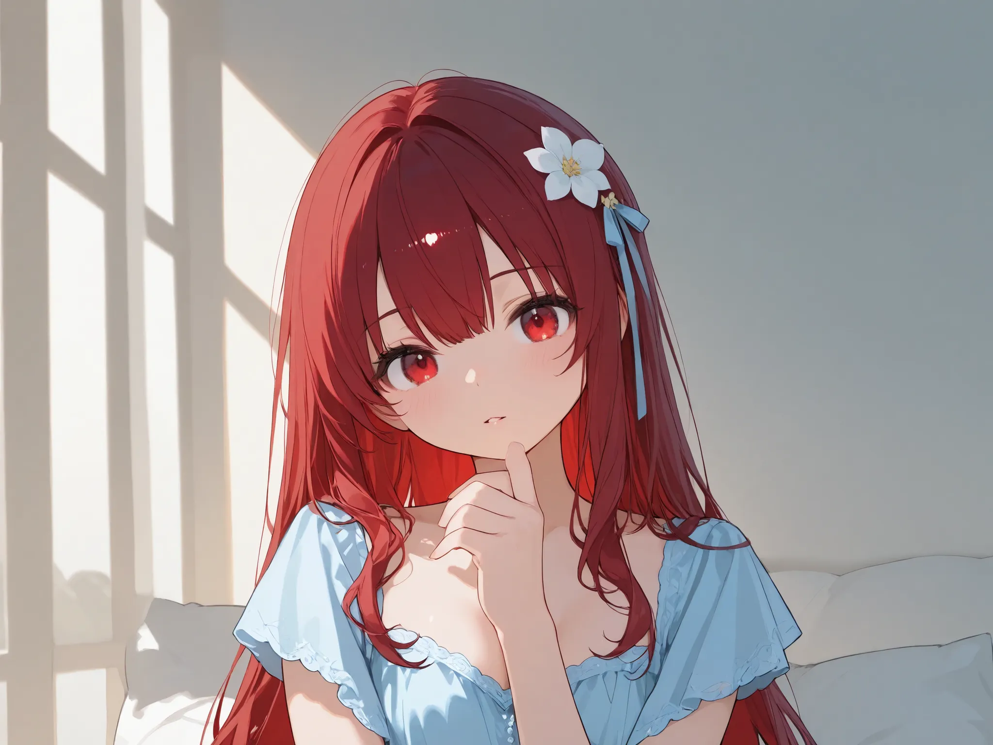 girl in a light blue dress、red hair long hair,red eyes、slightly larger chest