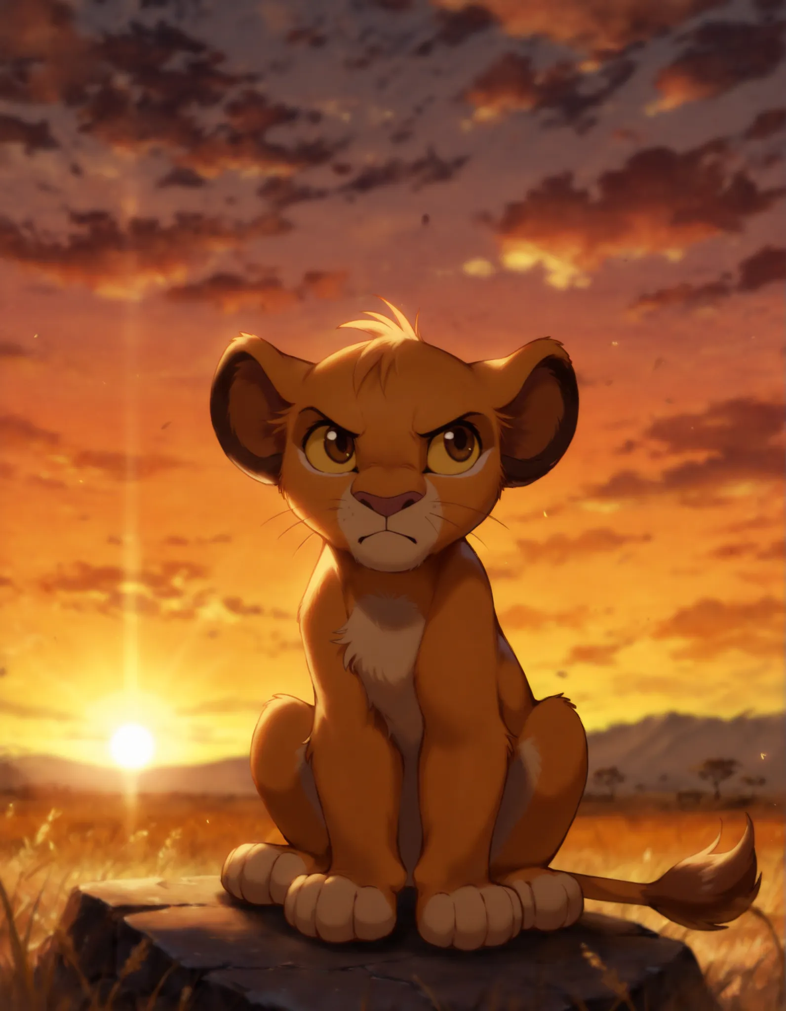 cubsimba, solo, sitting, sunset, savanna, yellow sclera, brown eyes, BREAK best quality, high quality, masterpiece, rim light,