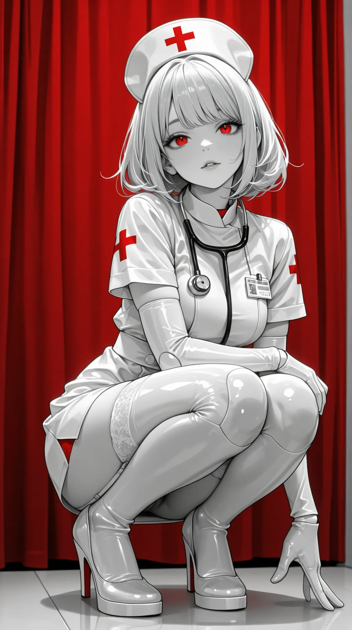 A seductive anime nurse crouching with her knees together, turned slightly to the side. She wears a glossy, tight-fitting black-and-white uniform with a large red medical cross on her chest and nurse hat. The outfit includes white thigh-high stockings, lon...
