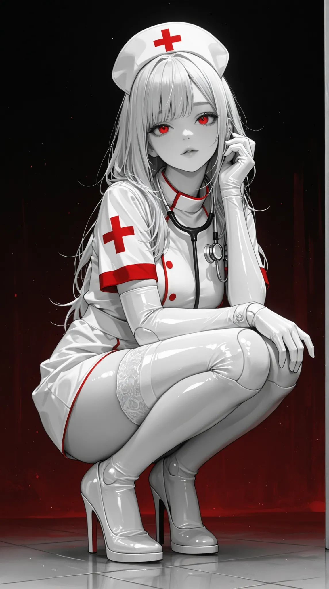 A seductive anime nurse crouching with her knees together, turned slightly to the side. She wears a glossy, tight-fitting black-and-white uniform with a large red medical cross on her chest and nurse hat. The outfit includes white thigh-high stockings, lon...