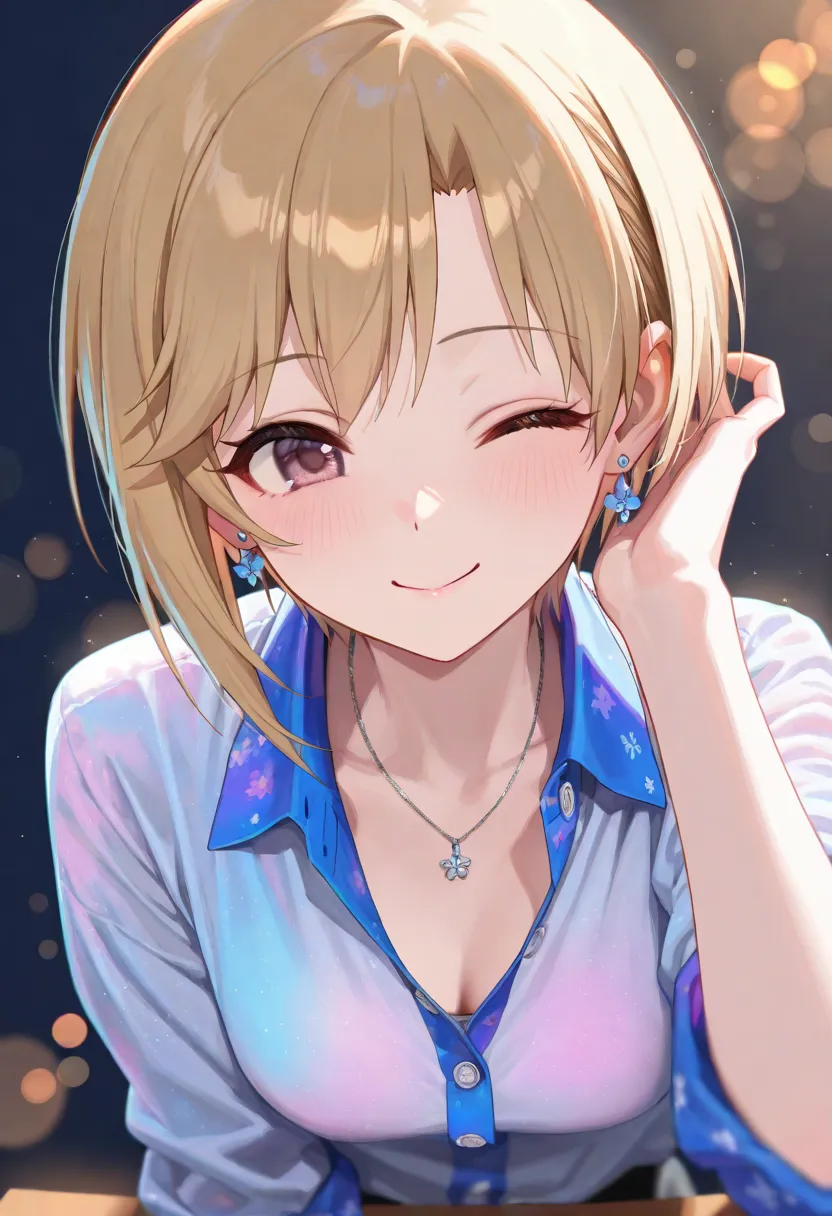 (Best Quality, masterpiece, 8k, 16k, Wallpaper, Anatomically correct, fine detailed skin, fine detailed eyes, fine detailed hands), 1 girl, upper body, aiba yumi, cute, medium chest, hair pulled back, hand in own hair, wearing a blue collared shirt over a white under clothes, one eye closed, smile, simple background, necklace, earrings, Colorful light particles, foggy effect, detailed background, Depth of Field, bokeh, moya, lens flare, light particles, film reflections, vivid color,