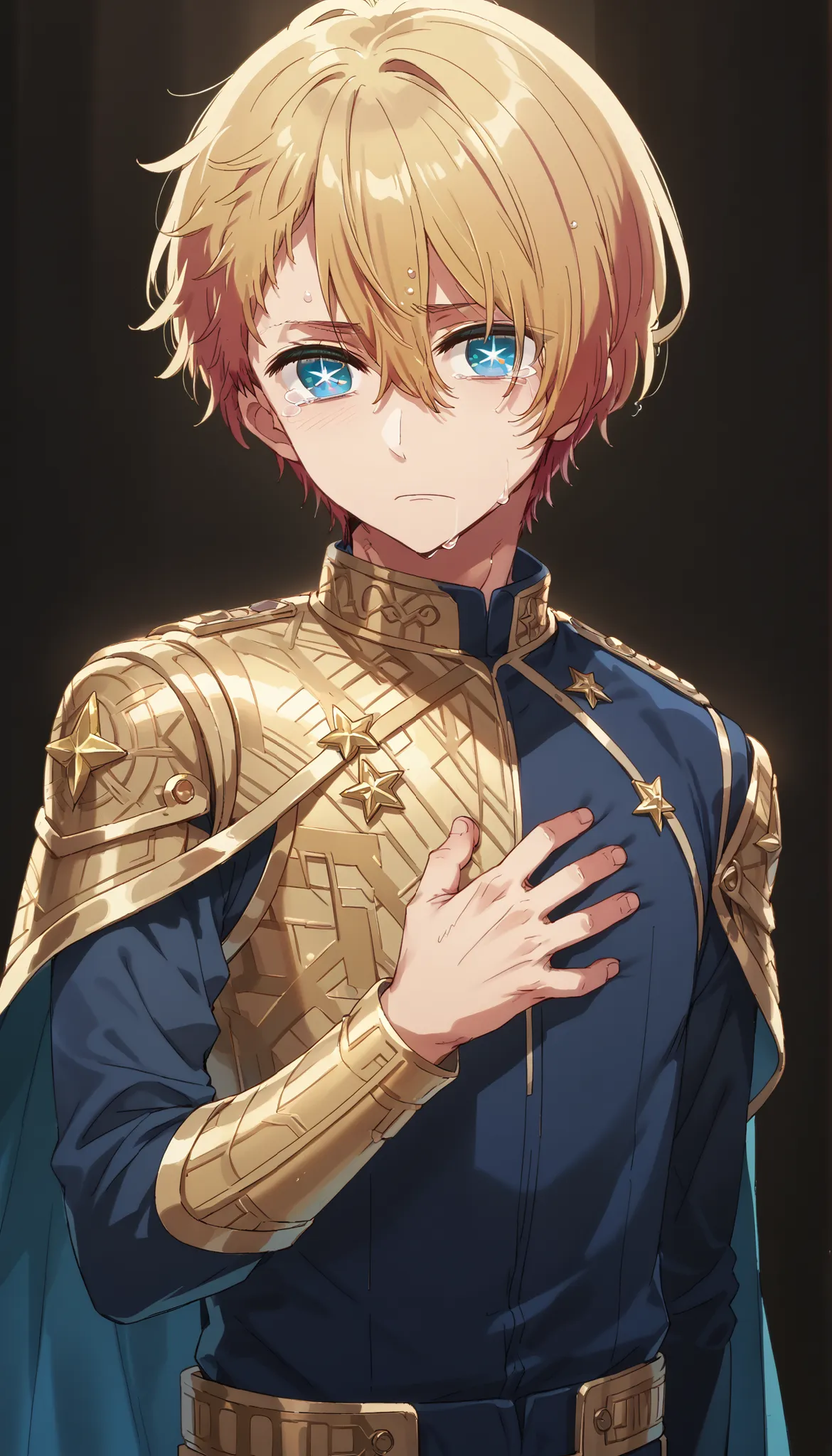 masterpiece, best quality, high quality, 1boy, solo, male focus, looking at viewer, upper body, hoshino_aquamarine, star-shaped_pupils, BREAK dressed in a body uniform and cape. metallic silver, with deep reds, blacks, or gold accents embodied, teary e...