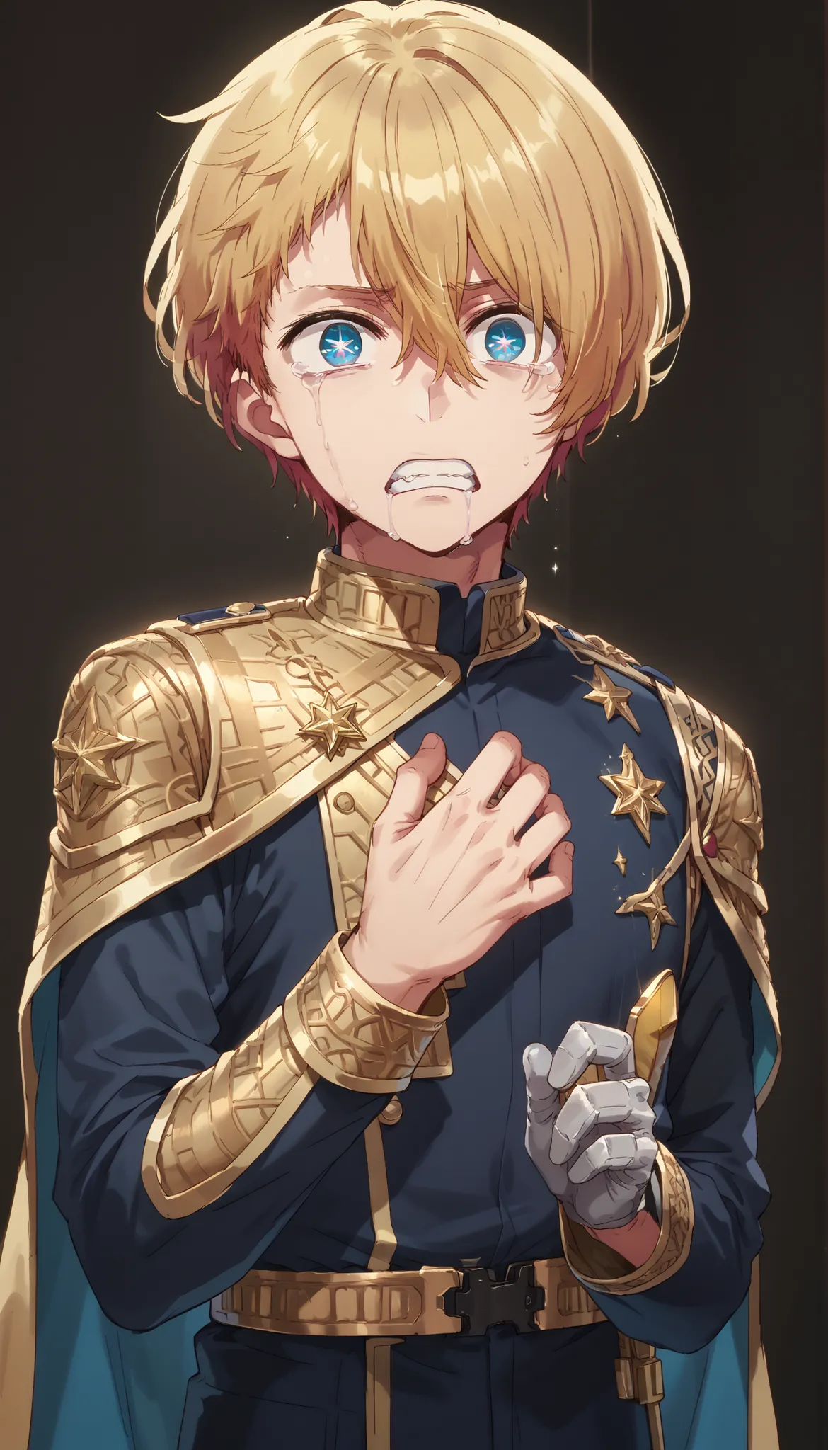 masterpiece, best quality, high quality, 1boy, solo, male focus, looking at viewer, upper body, hoshino_aquamarine, star-shaped_pupils, BREAK dressed in a body uniform and cape. metallic silver, with deep reds, blacks, or gold accents embodied, deadpan...