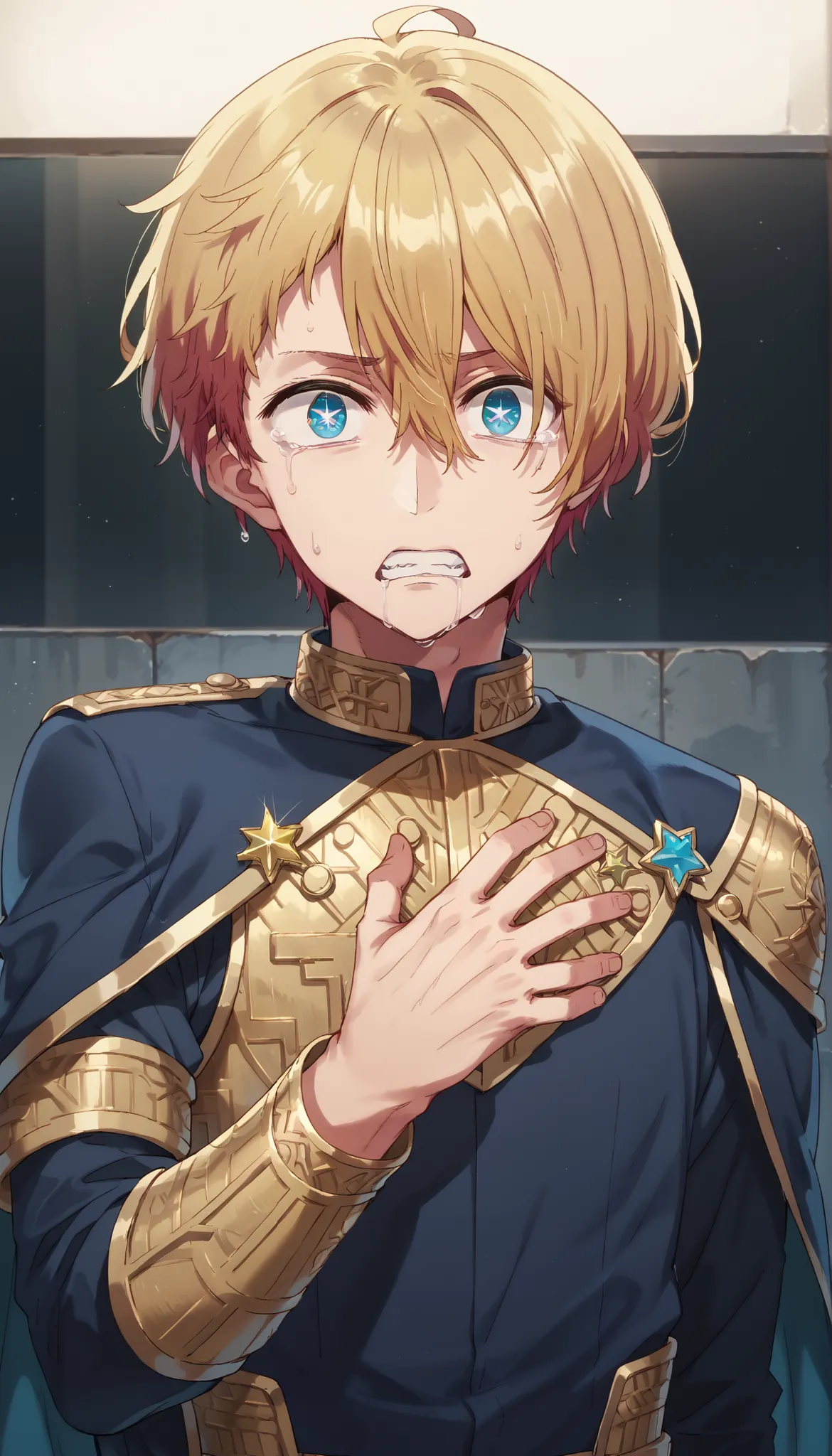 masterpiece, best quality, high quality, 1boy, solo, male focus, looking at viewer, upper body, hoshino_aquamarine, star-shaped_pupils, BREAK dressed in a body uniform and cape. metallic silver, with deep reds, blacks, or gold accents embodied, deadpan...