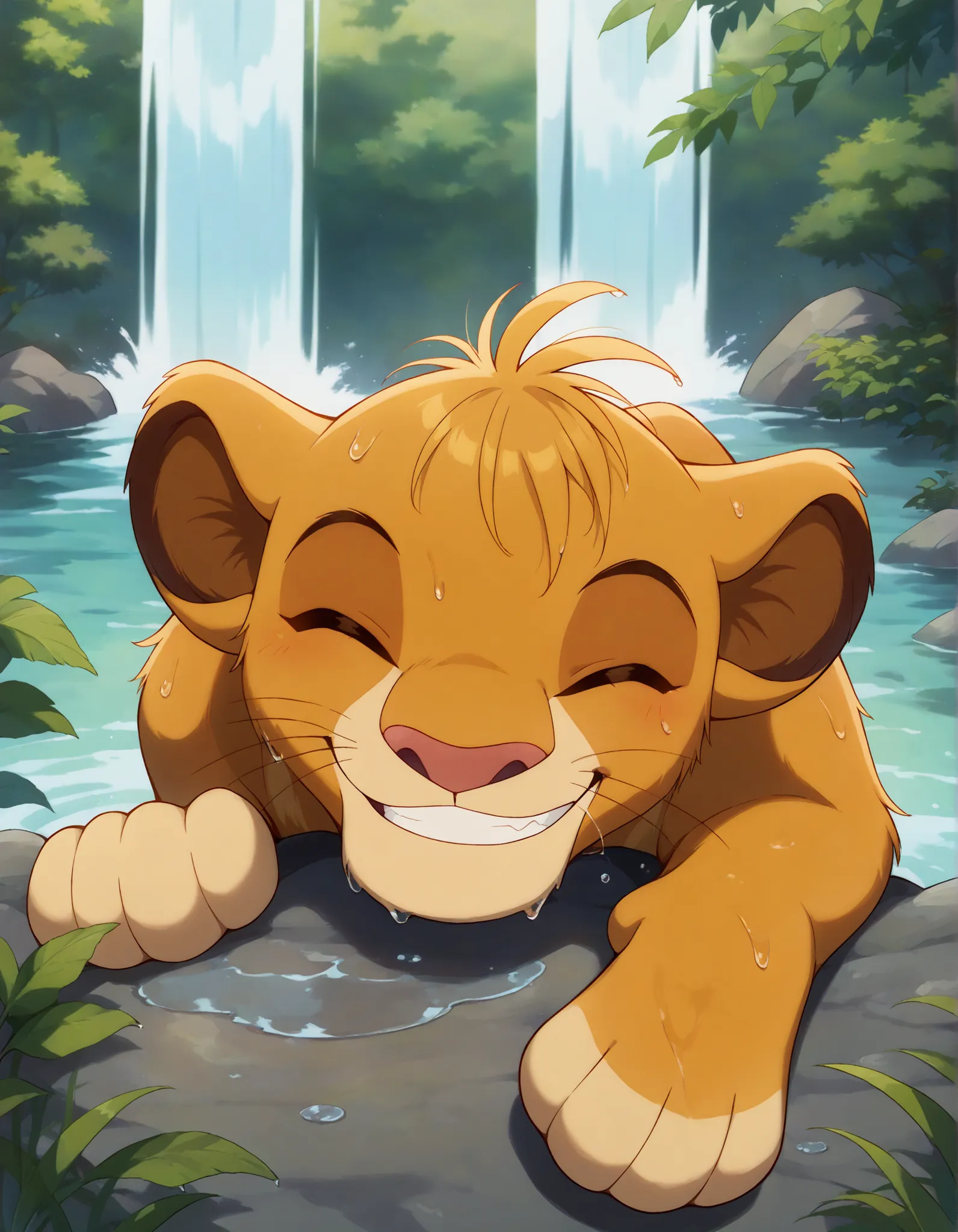 solo, cubsimba, smile,  facing viewer, bathing under a waterfall, wet, waterfall, detailed background